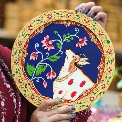 Hand-Painted Pichwai with Cow and Floral Design