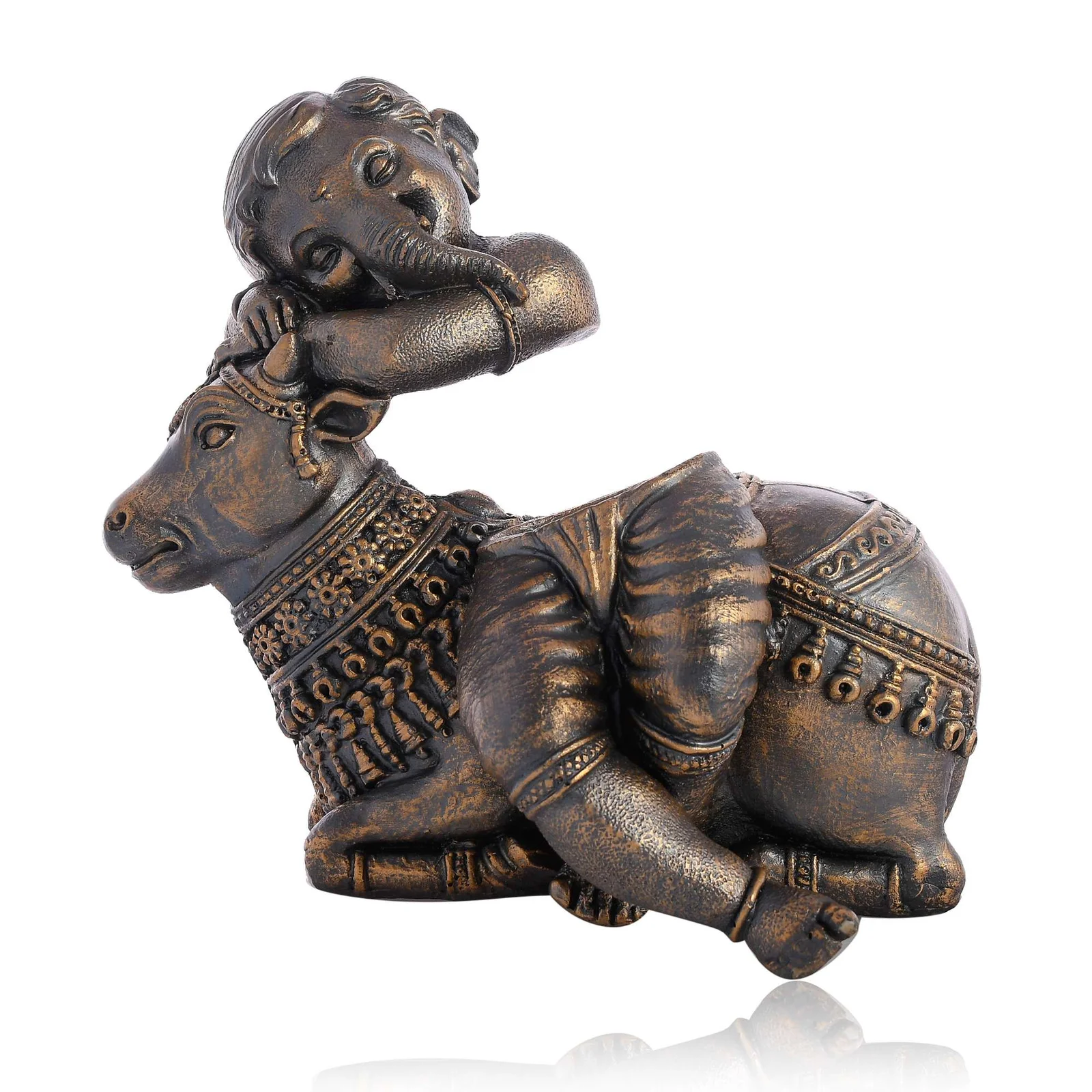 Handcrafted Brass Cow Statue with Ganesha Relief