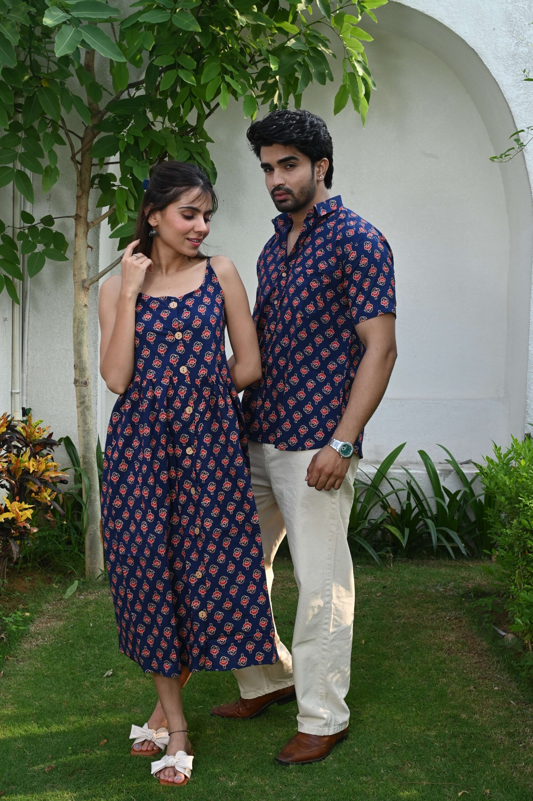 Couple Matching Outfit ? Navy Blue Cotton Printed Midi Dress & Shirt Set, Summer Casual Wear