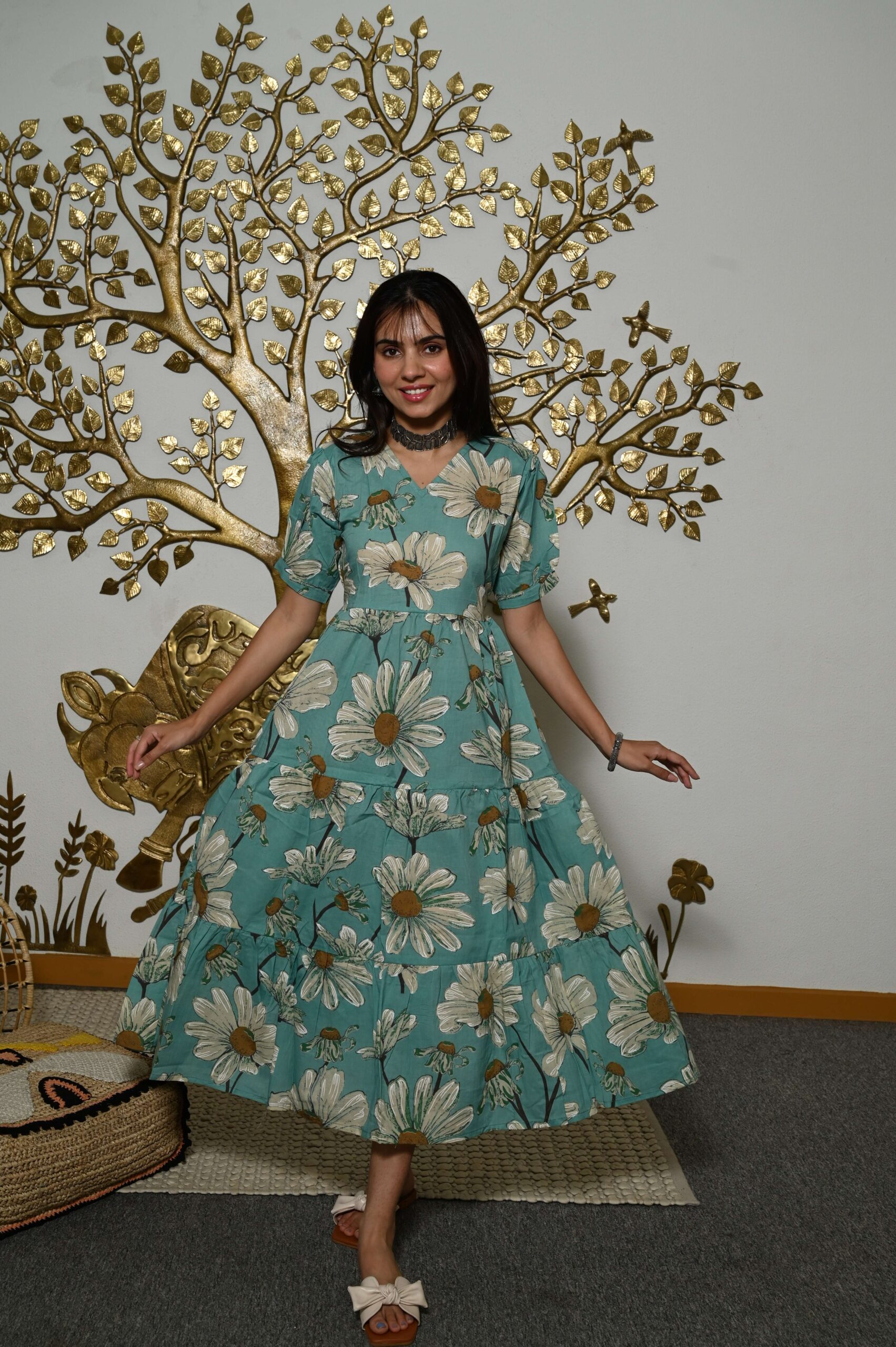 Teal-Blue Printed Cotton Anarkali Maxi Dress with Puff Sleeves Elegant Casual Wear