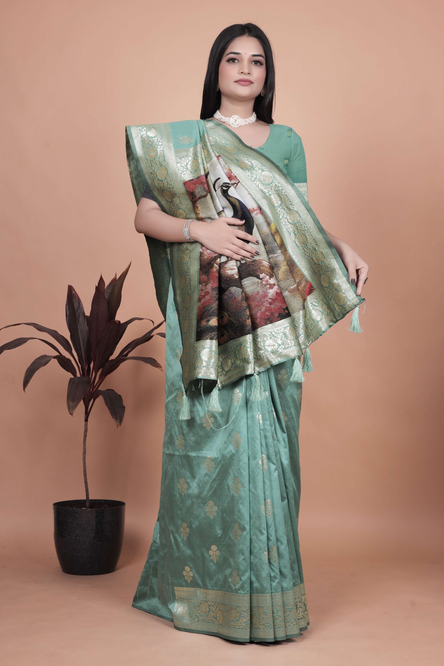 Elegant Sea Green Silk Saree with Golden Zari & Peacock Motif Pallu | Wedding, Festive & Traditional Wear