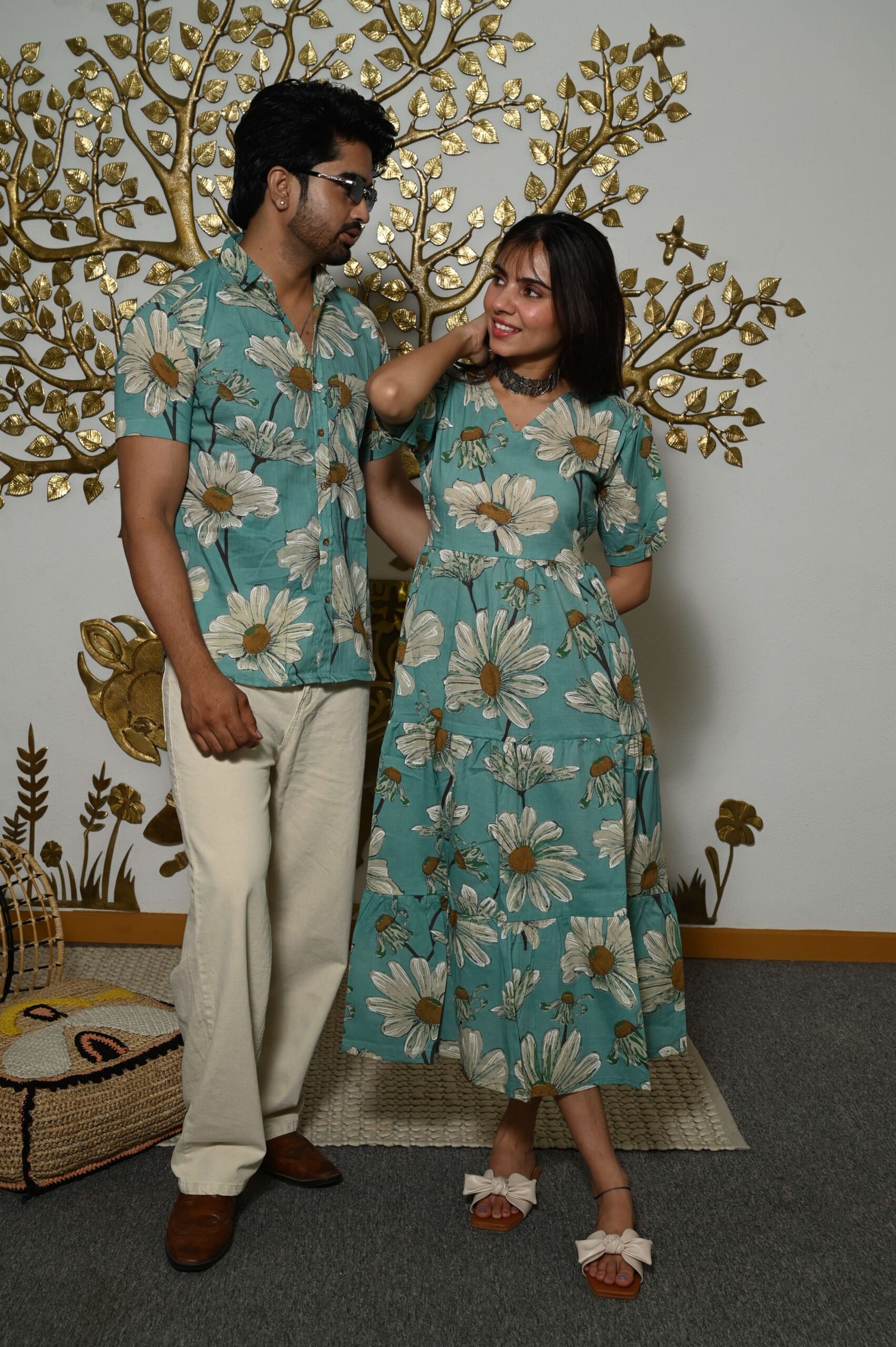 Couple Matching Teal-Blue floral Printed Cotton Anarkali Midi Dress & Shirt Set ? Summer Casual Wear