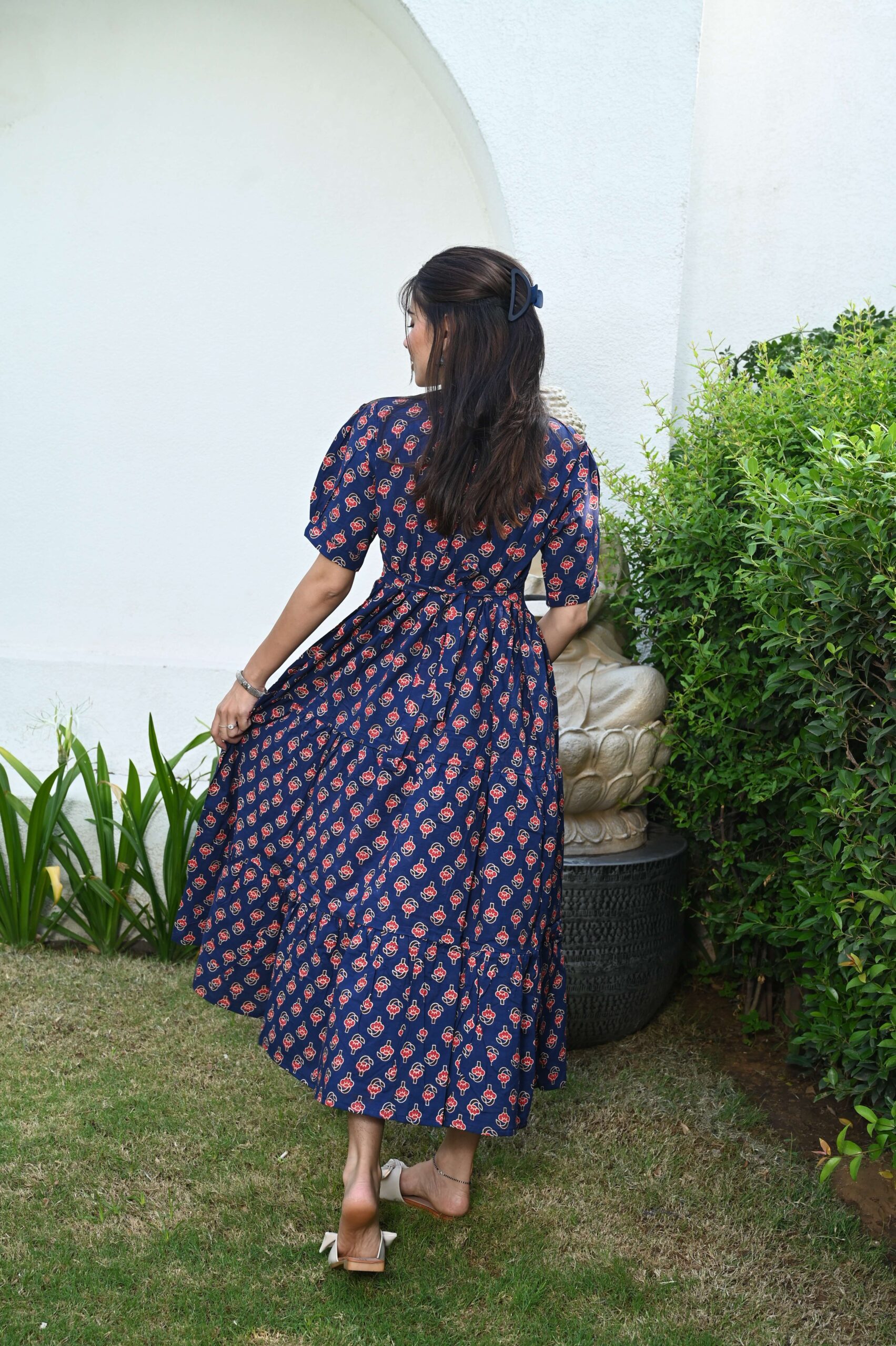 Navy Blue Floral Printed Cotton Anarkali Maxi Dress with Puff Sleeves Elegant Casual Wear