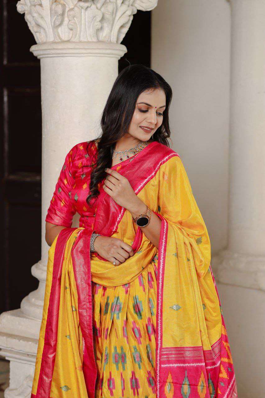 Yellow Dola Silk Lehenga Choli with Red Blouse | Patola Print & Foil Work | Wedding & Festive Wear