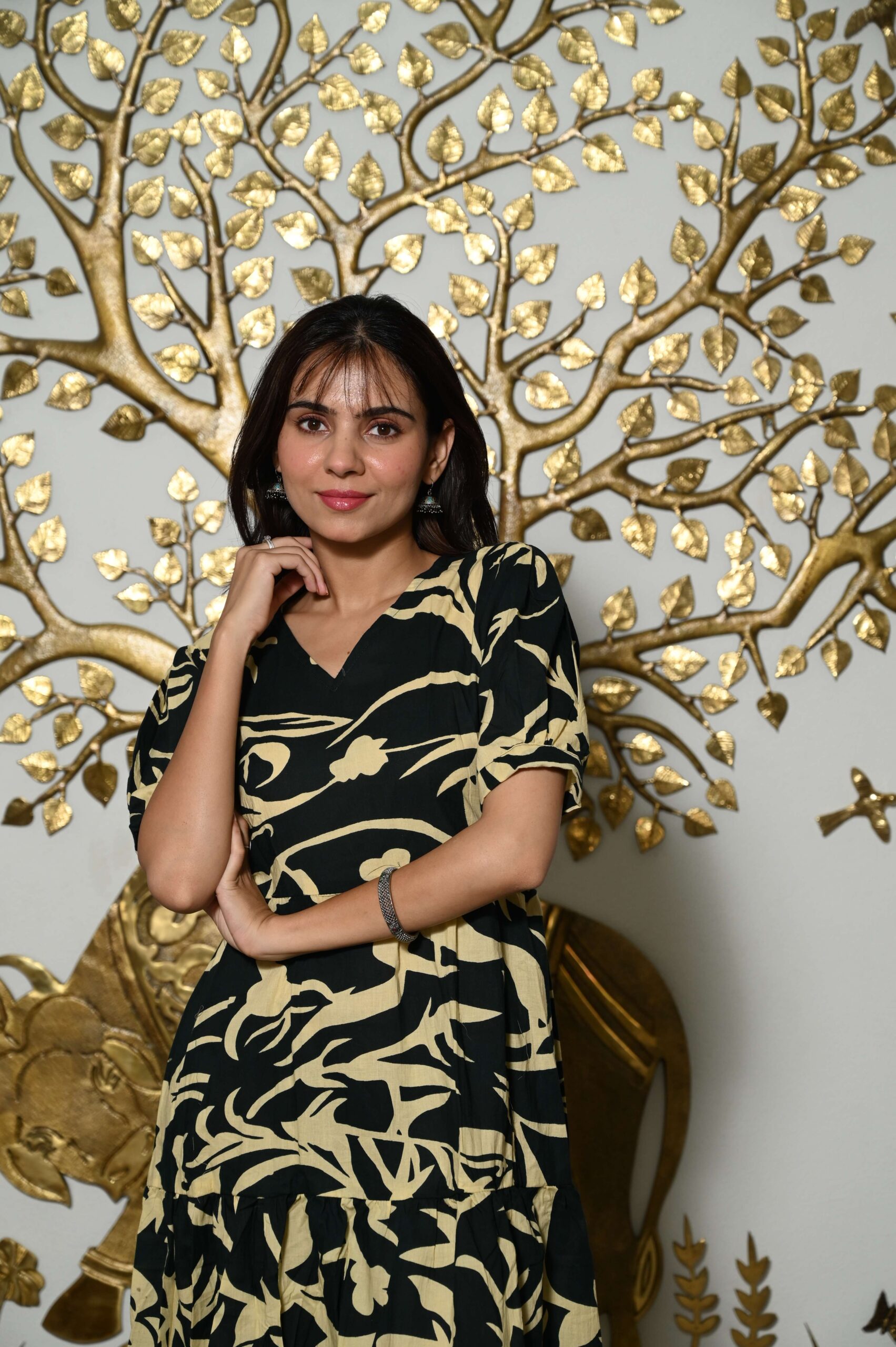 Black Printed Cotton Anarkali Maxi Dress with Puff Sleeves Elegant Casual Wear