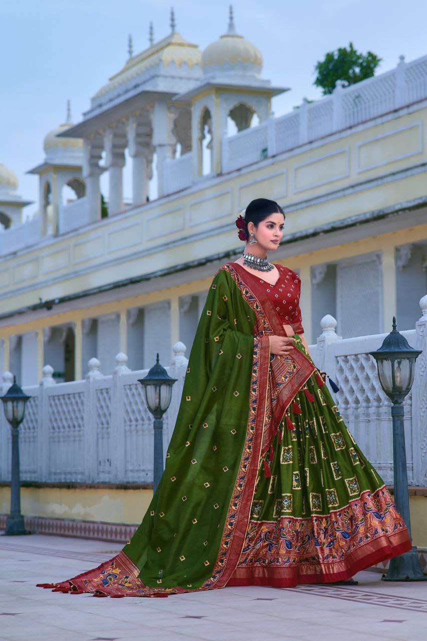 Mehndi Green Tussar Silk Lehenga Choli with Maroon Blouse | Bandhani Peacock & Foil Print | Wedding & Festive Wear