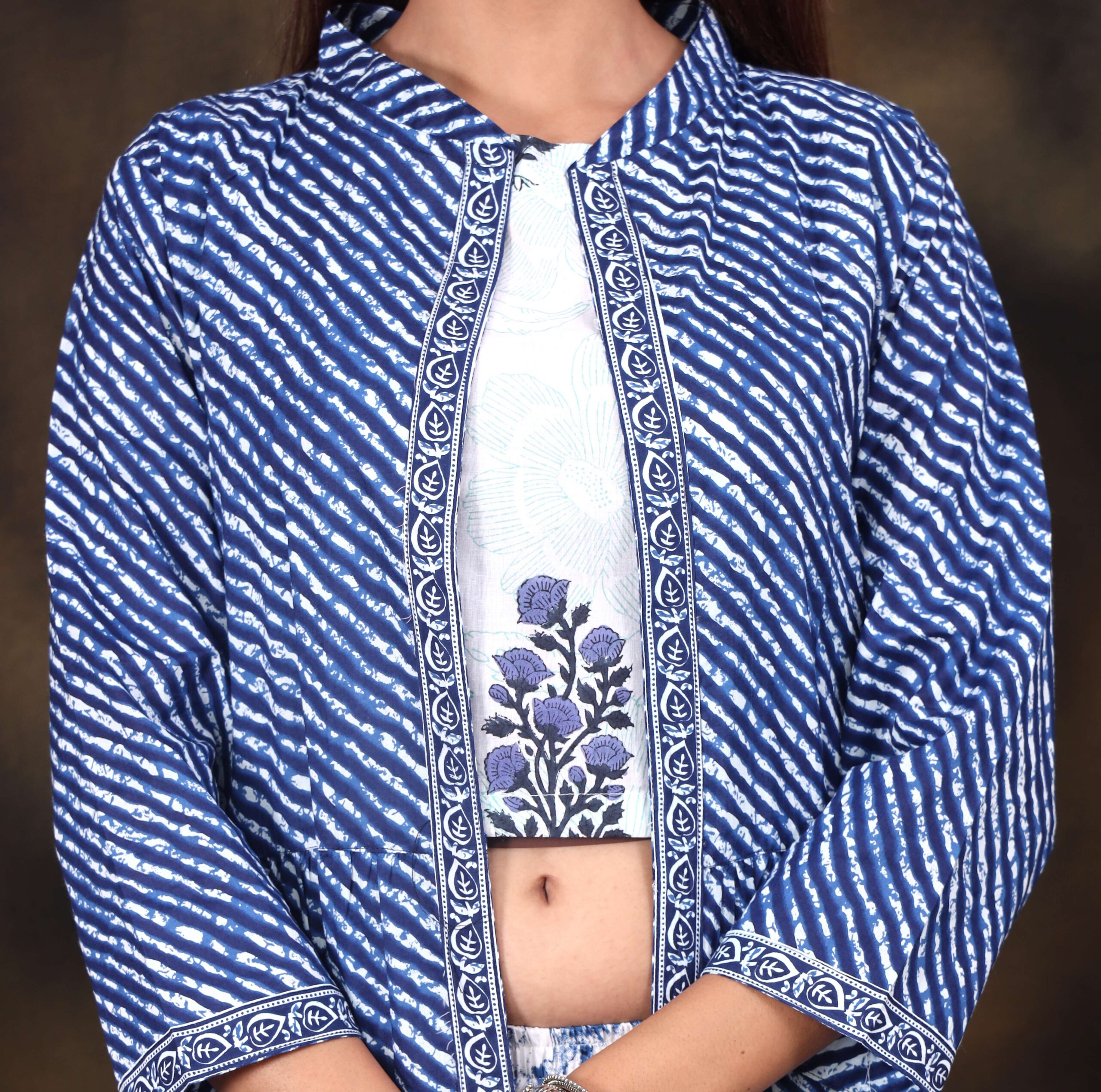 Women's Printed Long Shrug with Crop Top & Printed Pant Set