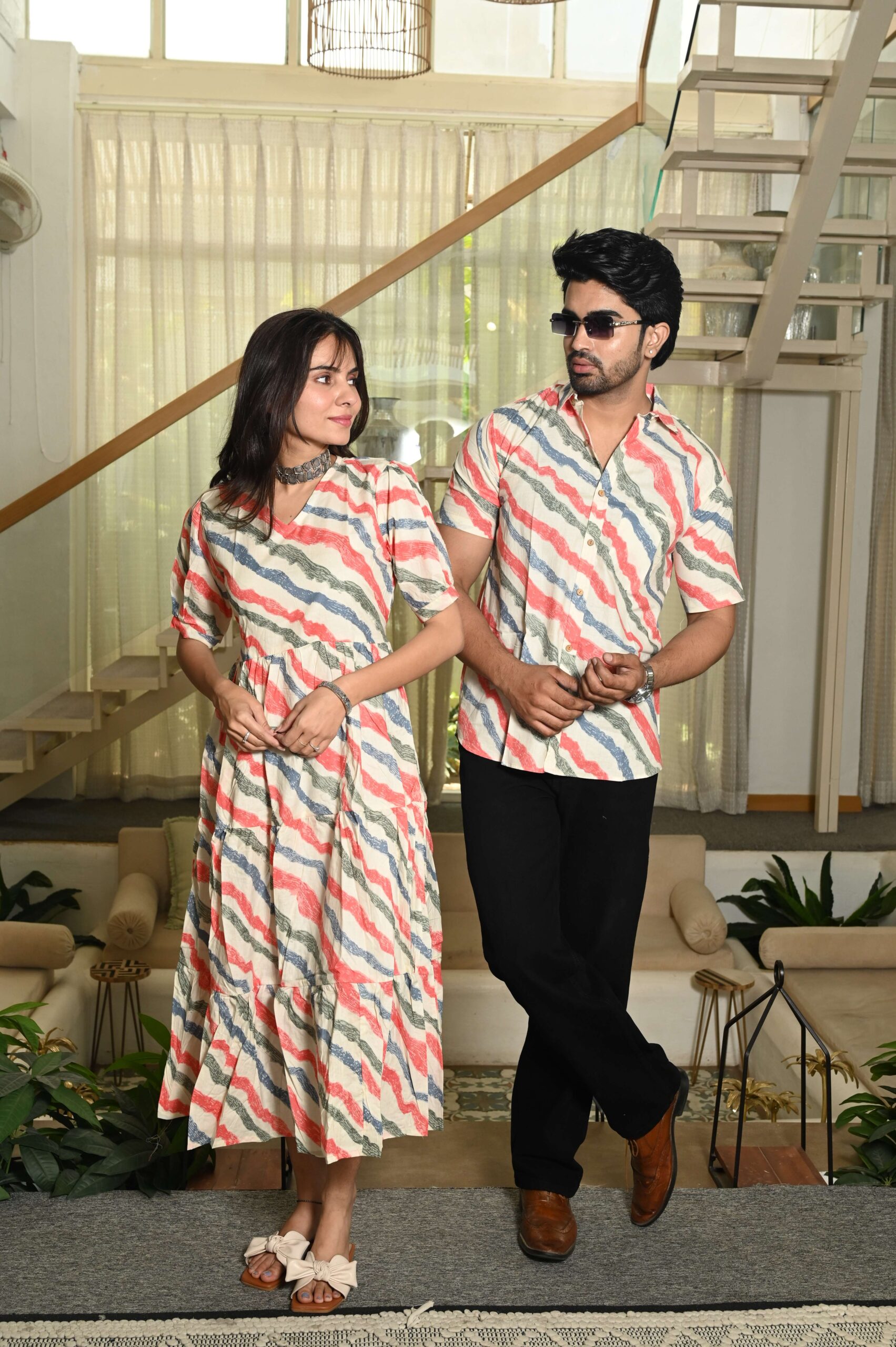 Couple Matching Cream Cotton Anarkali Midi Dress and Shirt Set ? Wavy Red & Blue Stripes