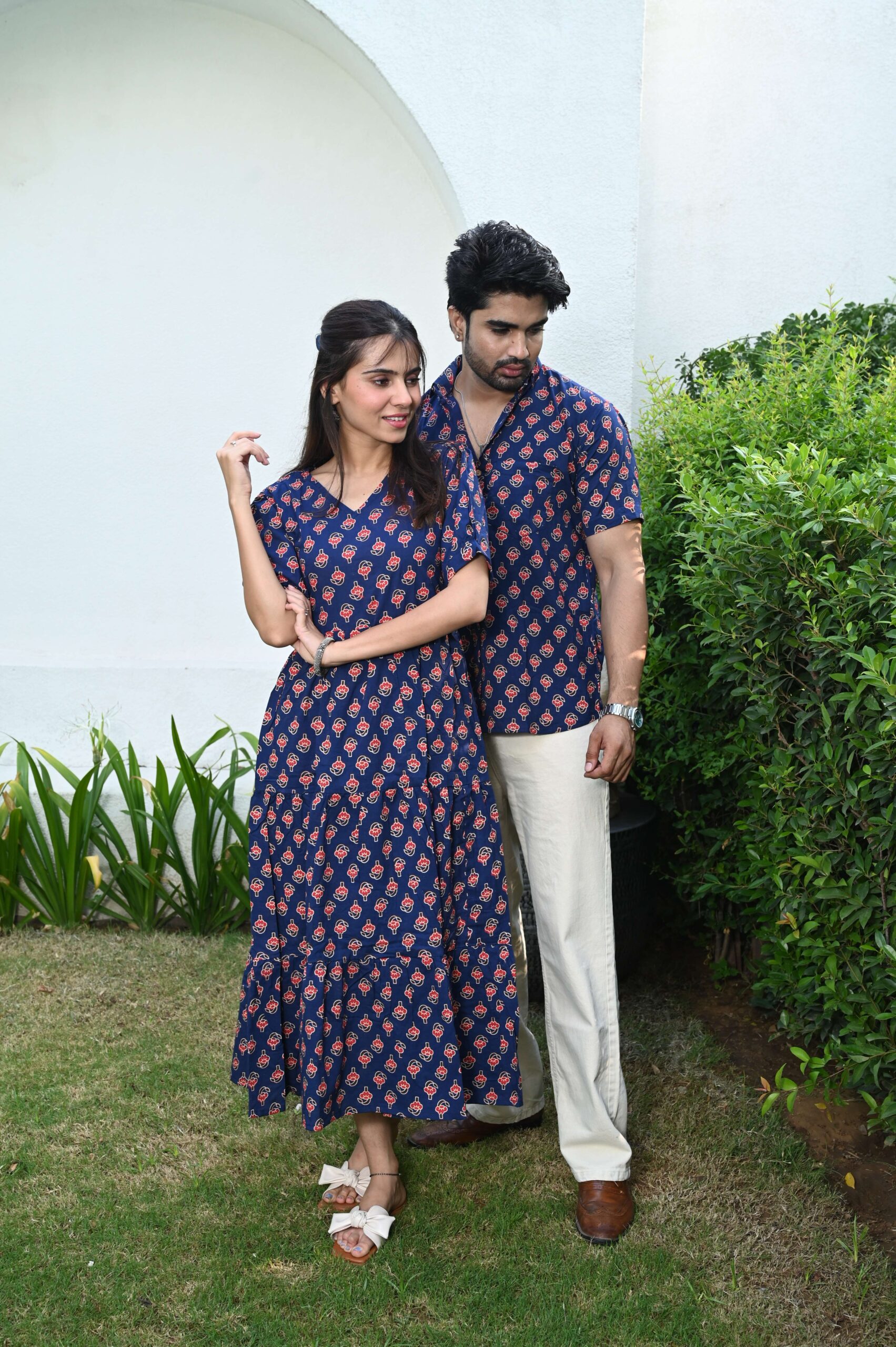 Couple Matching Navy Blue Cotton Printed Anarkali Midi Dress & Shirt Set ? Casual & Festive Wear