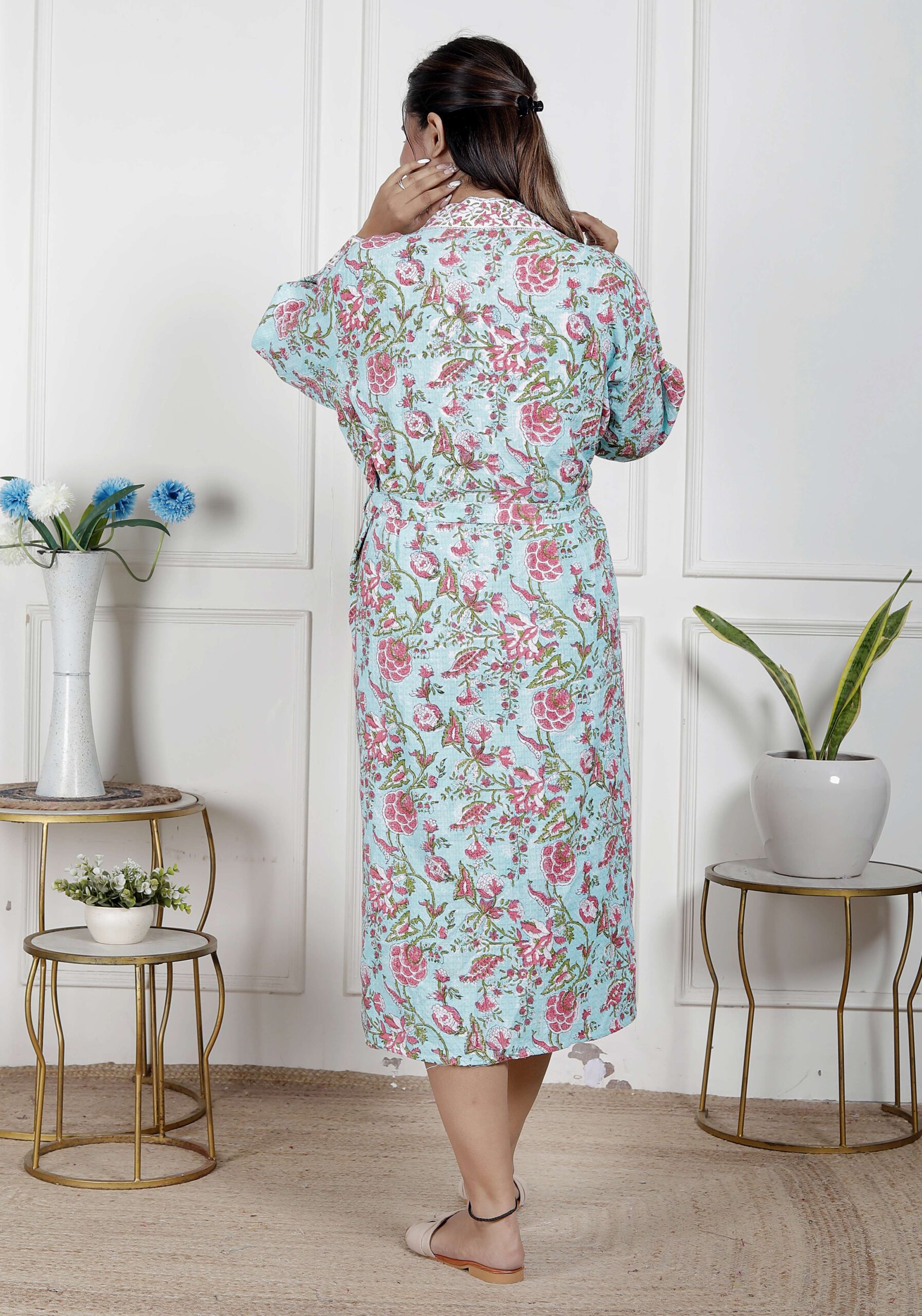 Handcrafted Cotton Block Printed Long Robe | Comfortable Loungewear & Bathrobe for Women