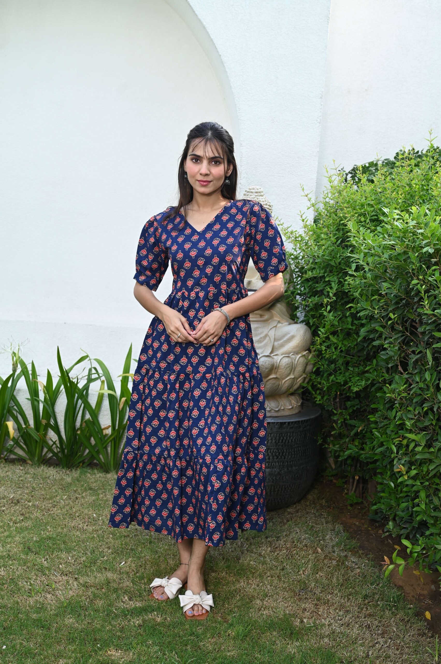 Navy Blue Floral Printed Cotton Anarkali Maxi Dress with Puff Sleeves Elegant Casual Wear