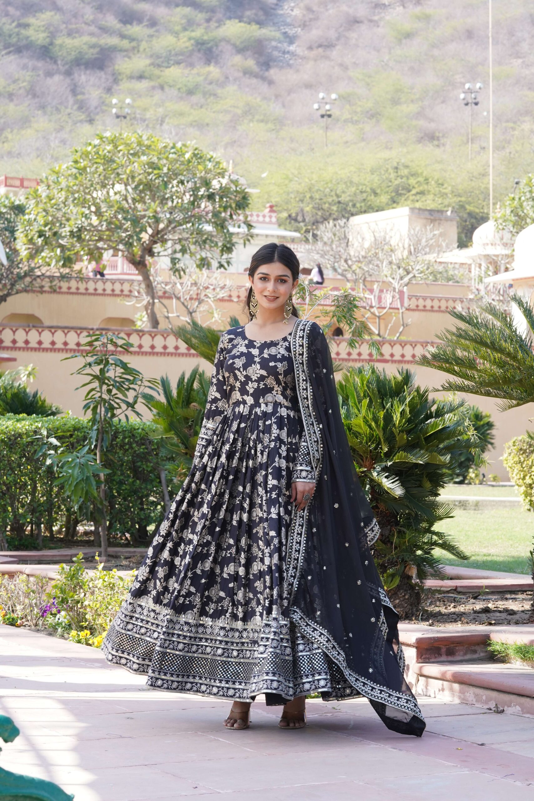 Black Viscose Dyable Jacquard Gown with Russian Silk Sequined Dupatta ? Elegant Party & Wedding Set