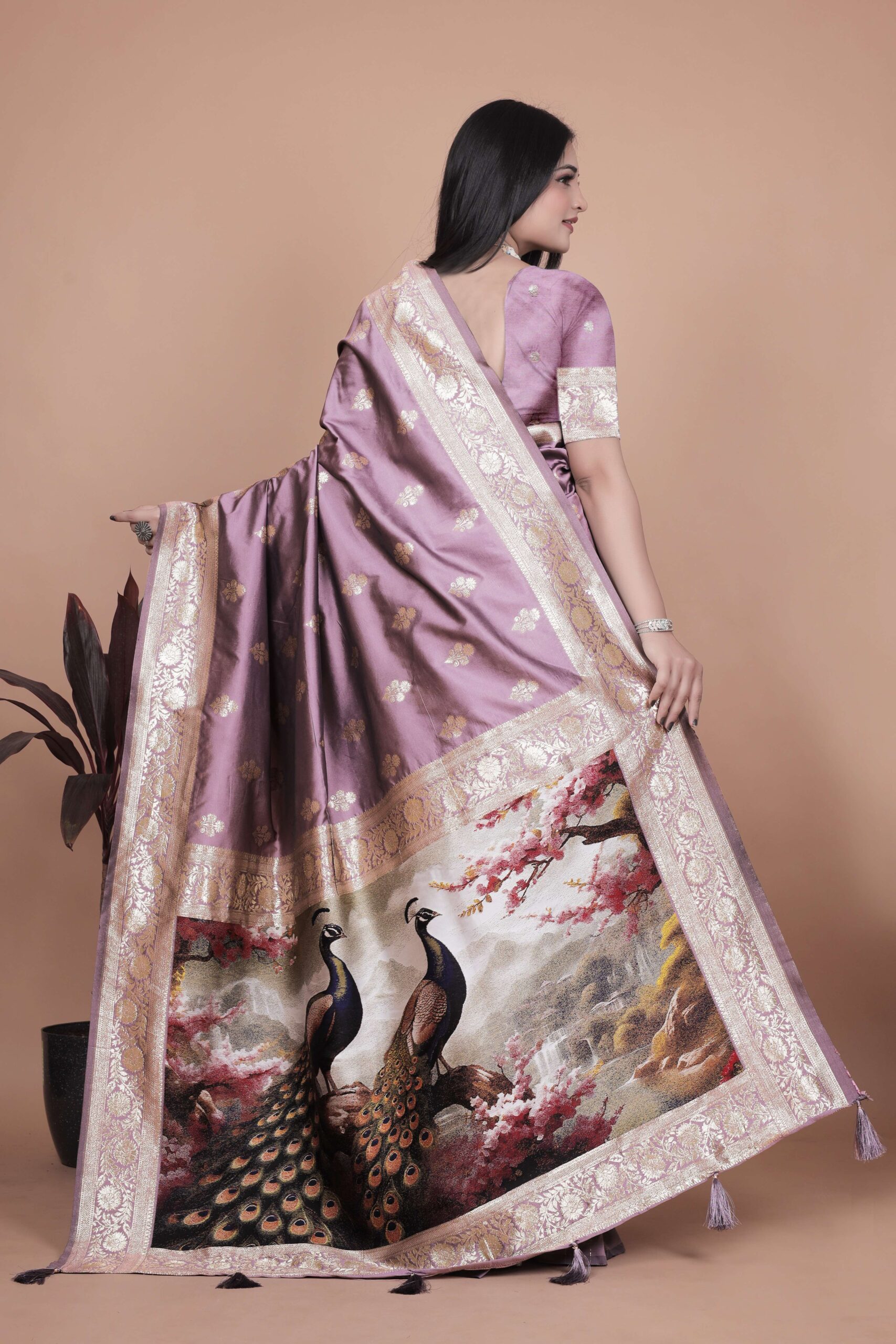 Lavender Banarasi Silk Saree with Golden Zari & Peacock Motif Pallu | Wedding, Festive & Traditional Wear