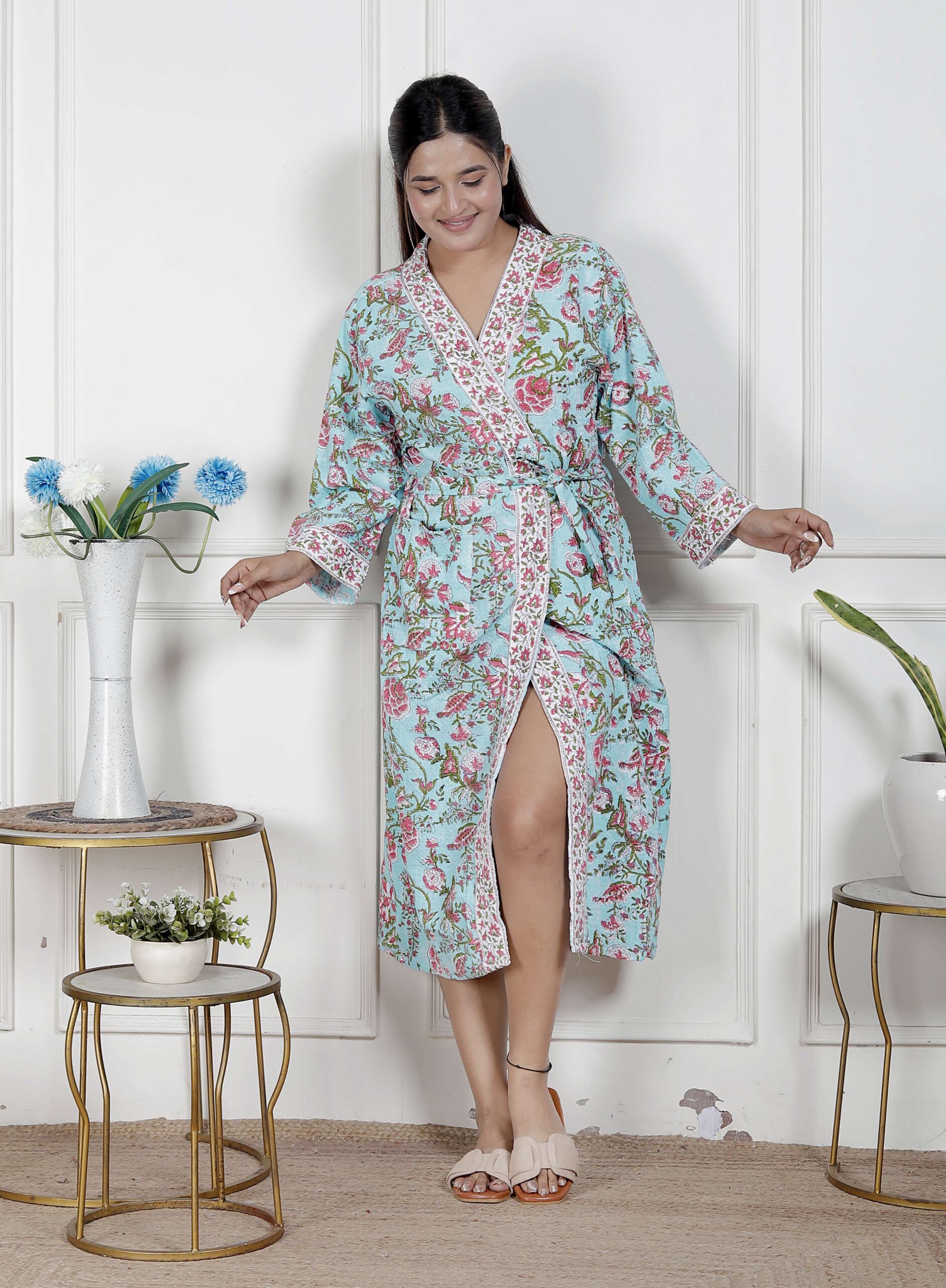 Handcrafted Cotton Block Printed Long Robe | Comfortable Loungewear & Bathrobe for Women