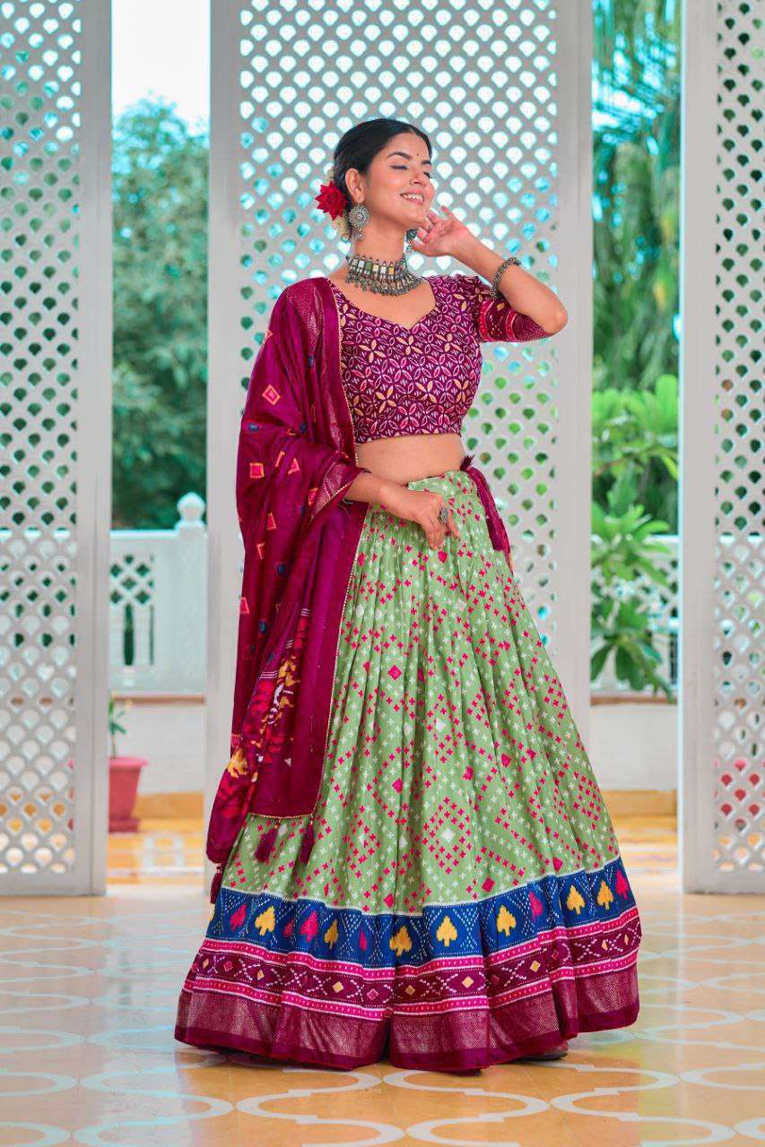 Light Green Tussar Silk Lehenga Choli with Maroon Blouse | Minakari & Foil Print | Wedding & Festive Wear
