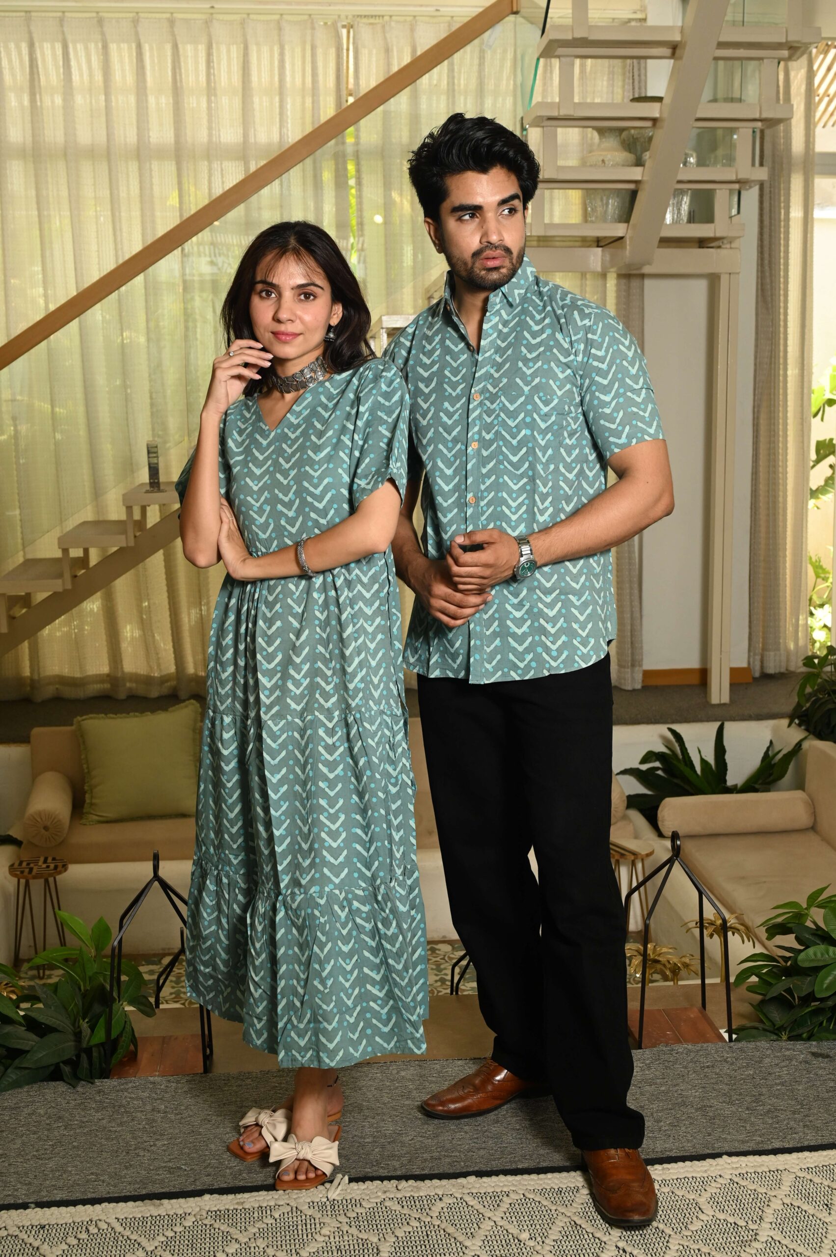 Couple Matching Green Cotton Anarkali Midi Dress and Shirt Set ? Arrow Print