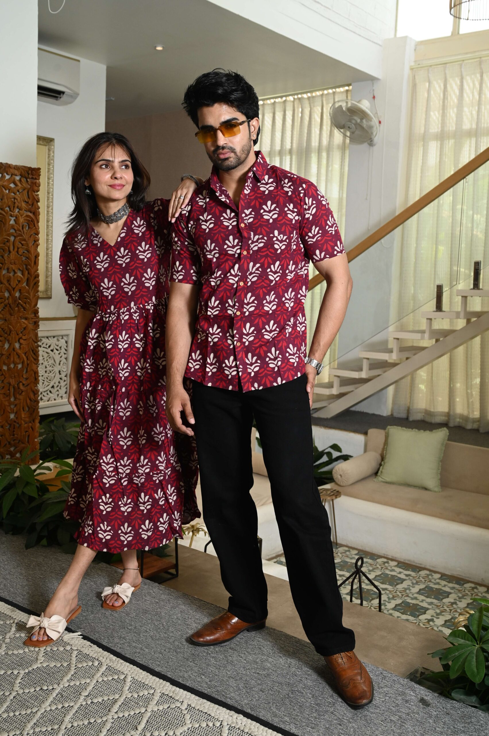 Couple Matching Maroon Cotton Printed Anarkali Midi Dress & Shirt Set ? Casual & Festive Wear