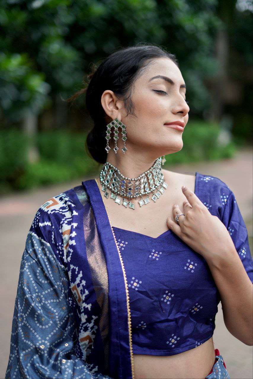 Blue Dola Silk Lehenga Choli with Light Blue Blouse | Bandhej & Ajarakh Print | Wedding & Festive Wear