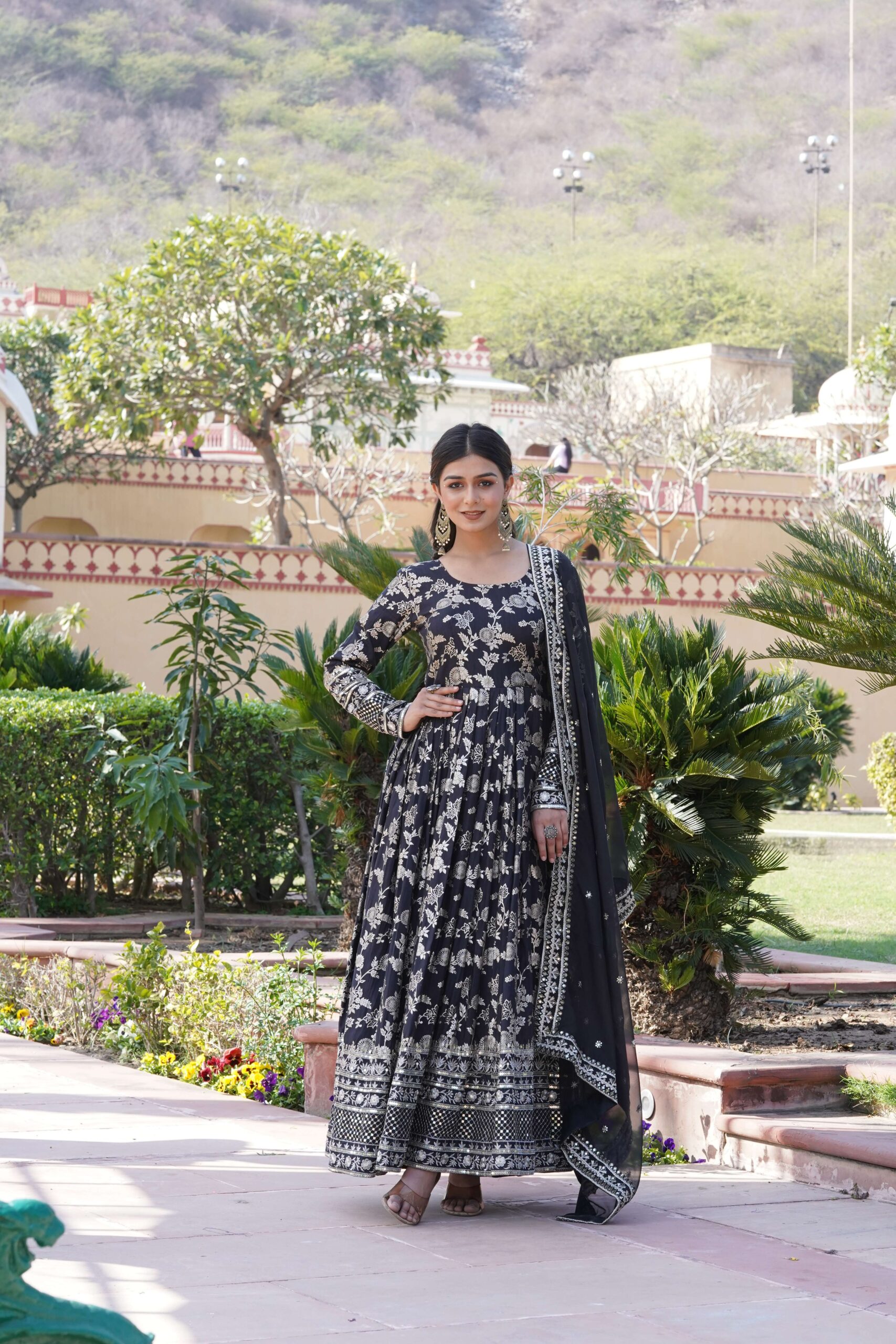 Black Viscose Dyable Jacquard Gown with Russian Silk Sequined Dupatta ? Elegant Party & Wedding Set
