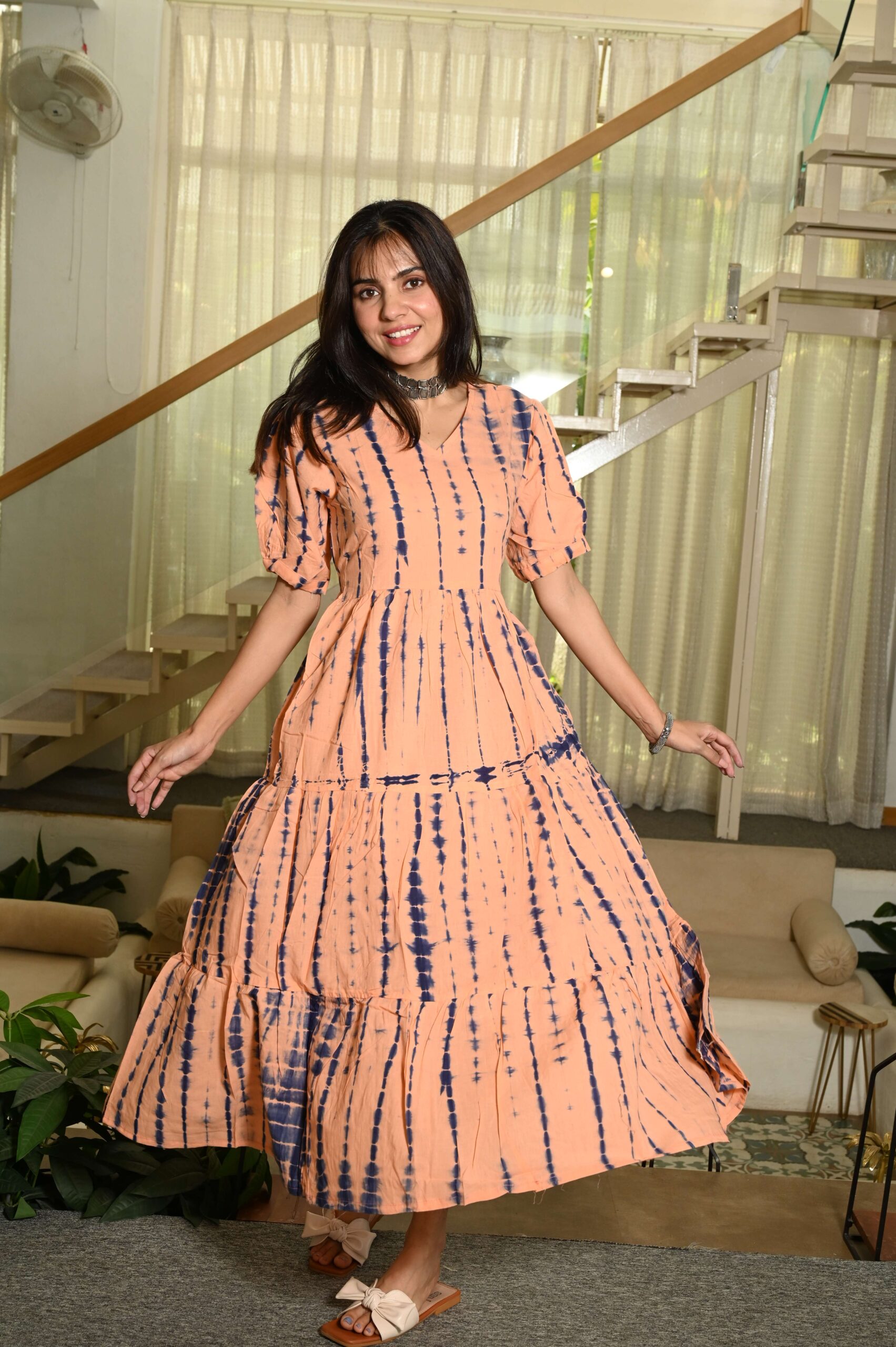 Peach Printed Cotton Anarkali Maxi Dress with Puff Sleeves Elegant Casual Wear