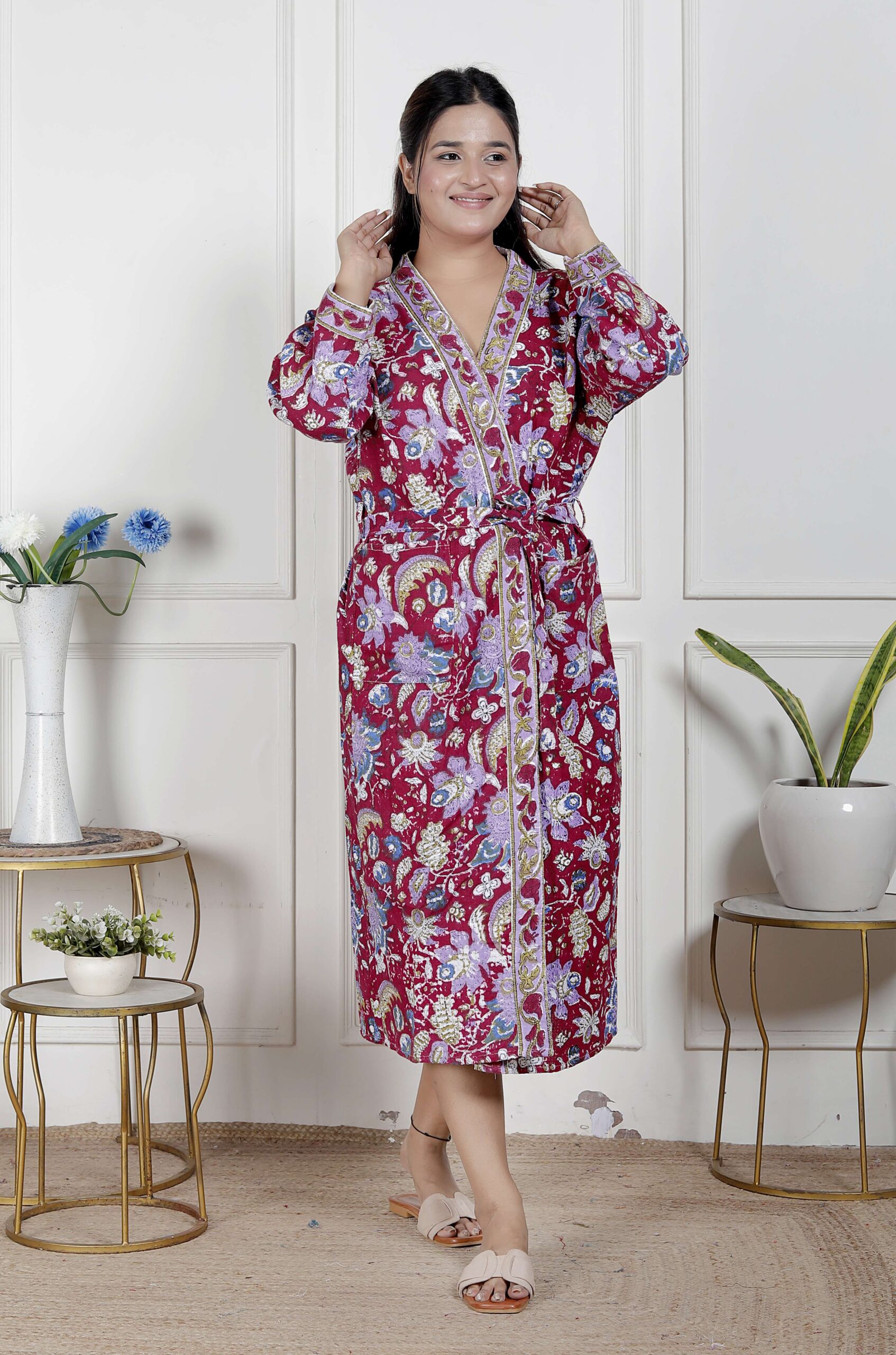 Handcrafted Cotton Block Printed Long Robe | Comfortable Loungewear & Bathrobe for Women