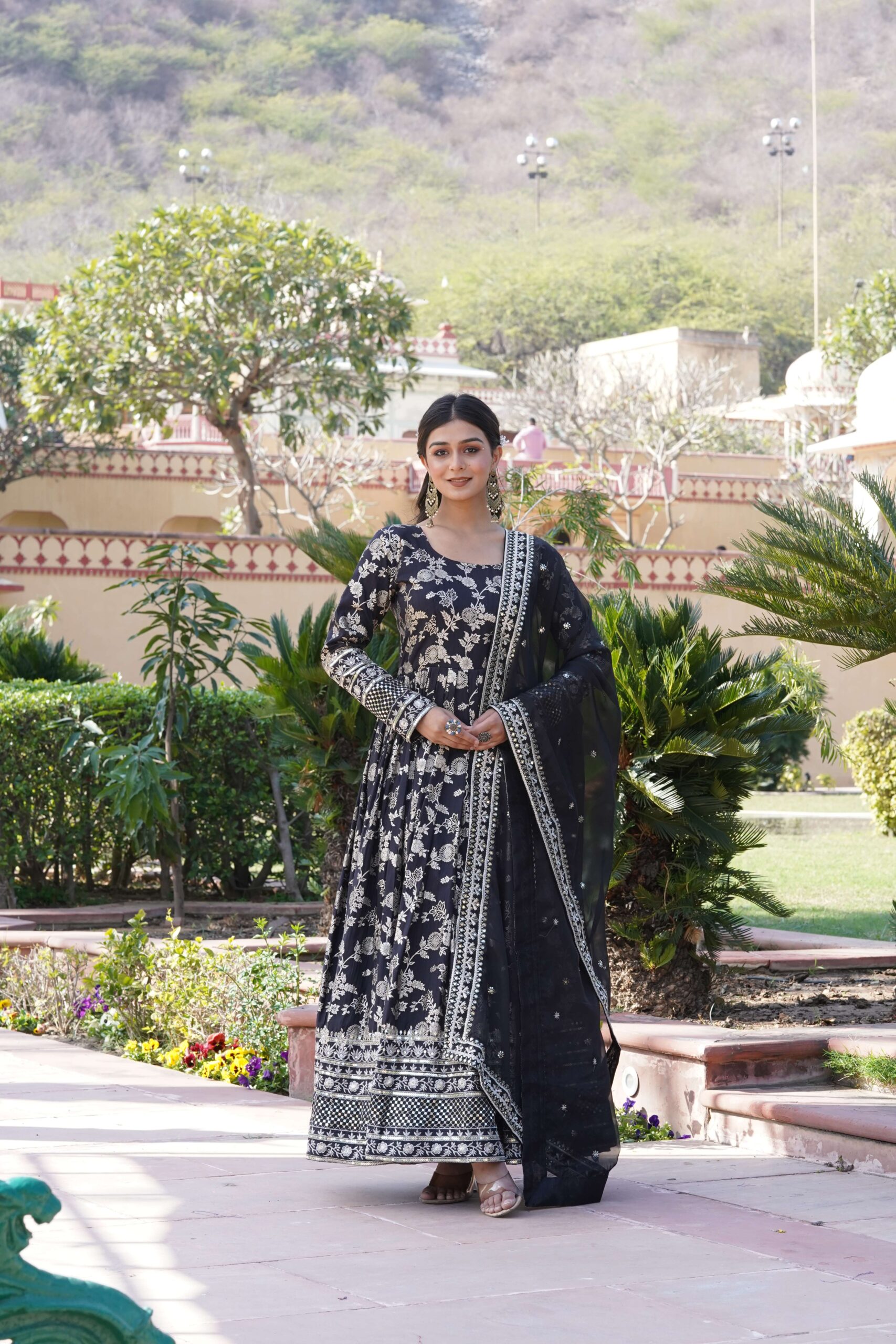 Black Viscose Dyable Jacquard Gown with Russian Silk Sequined Dupatta ? Elegant Party & Wedding Set