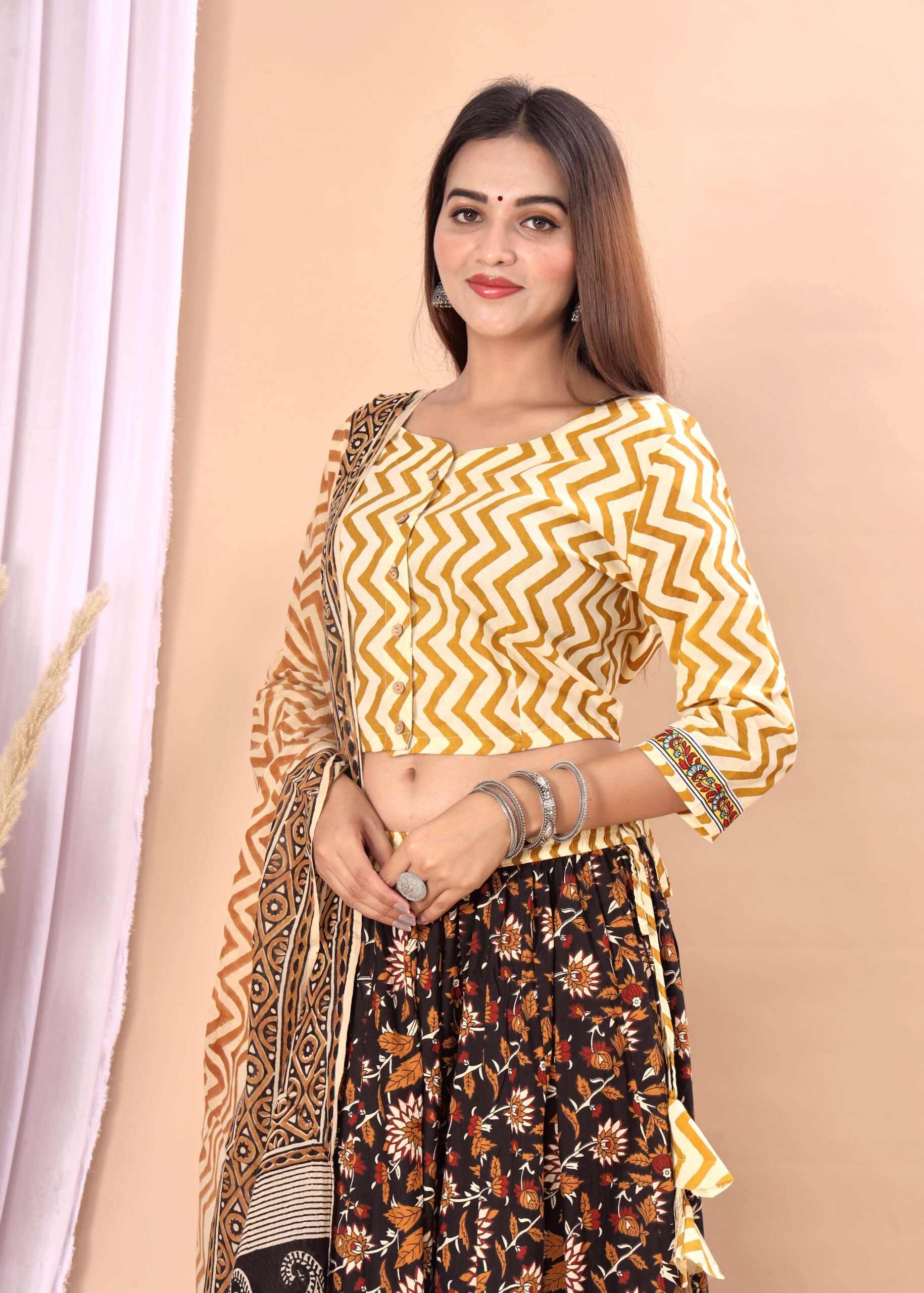 Women’s Mustard Yellow Cotton Printed Lehenga Choli Dupatta Set