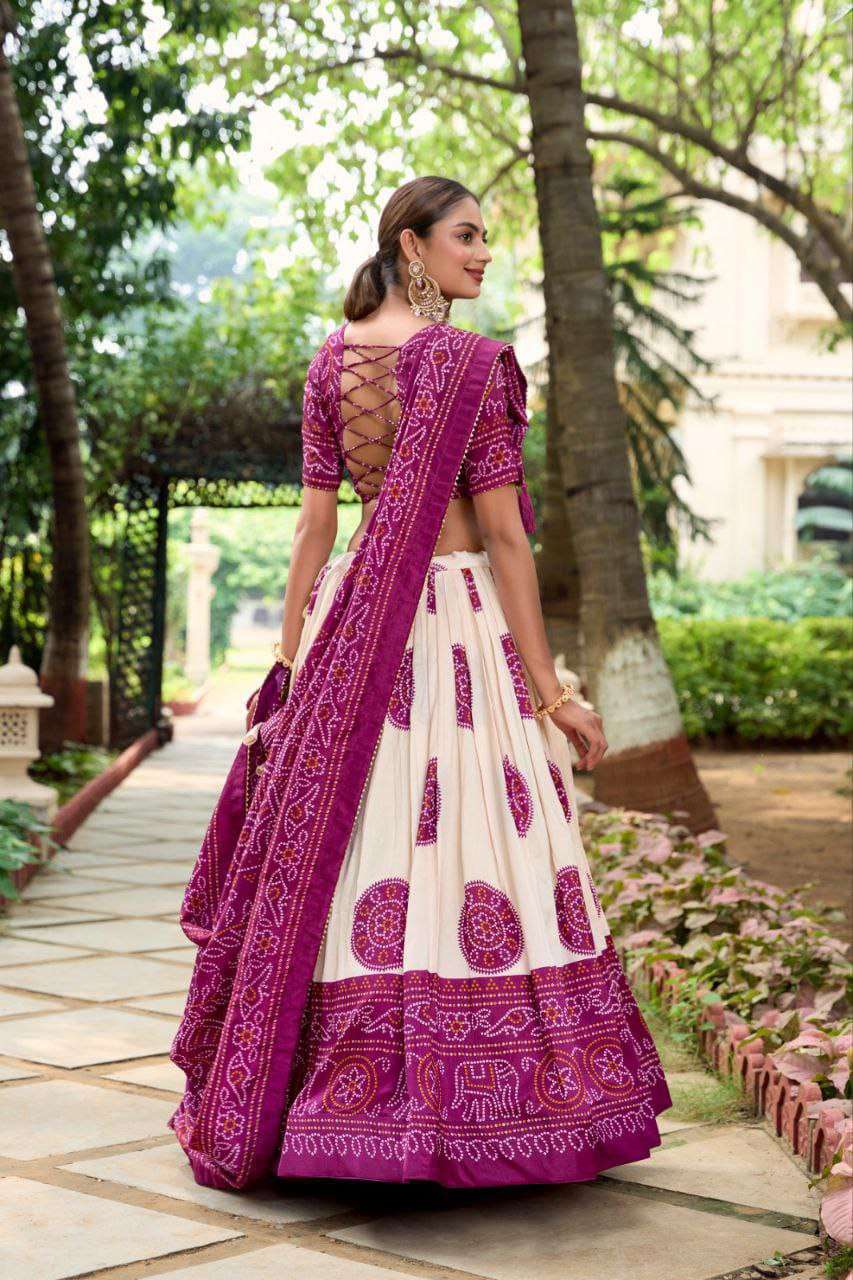 White Dola Silk Lehenga Choli with Purple Blouse & Dupatta | Bandhej & Patola Print | Wedding & Festive Wear