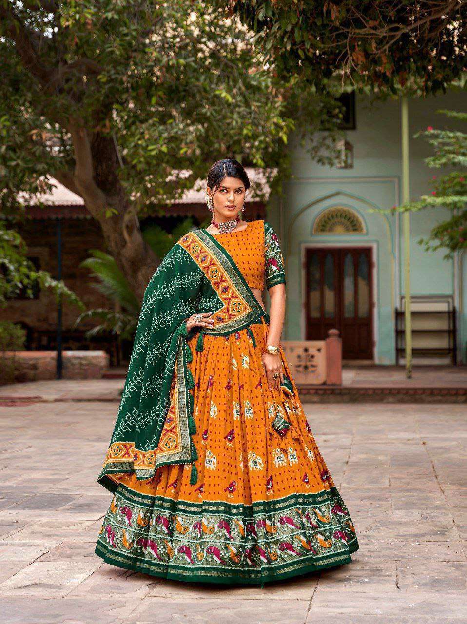 Green Tussar Silk Lehenga Choli with Yellow Blouse | Patola Print & Foil Work | Wedding & Festive Wear