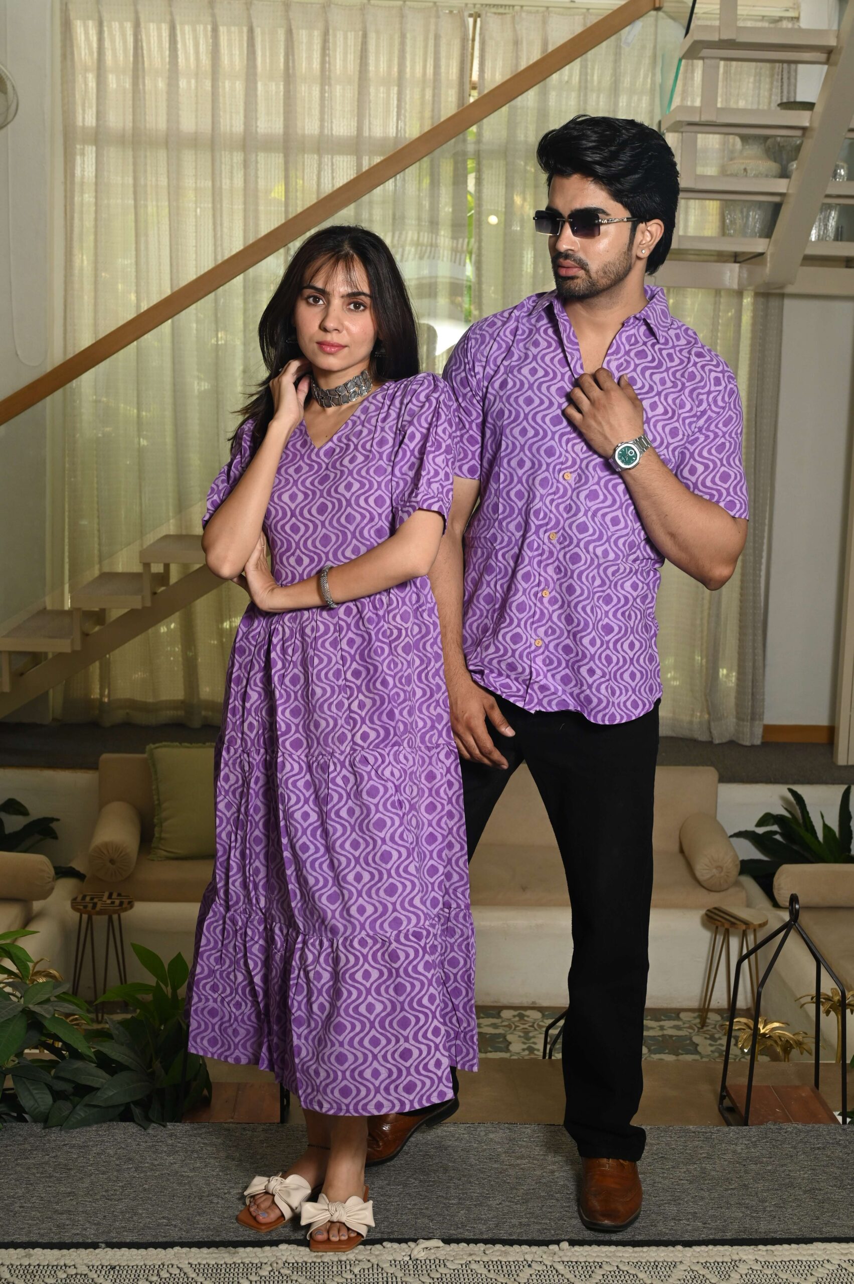 Couple Matching Purple Cotton Anarkali Midi Dress and Shirt Set ? Geometric Wave Print