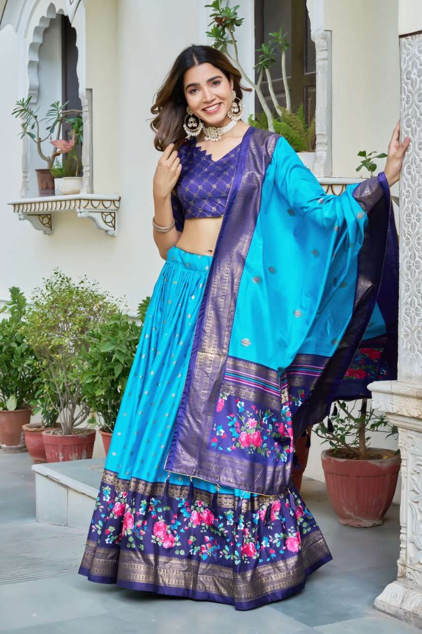 Sky Blue Tussar Silk Lehenga Choli with Dark Blue Blouse | Minakari & Foil Print | Wedding & Festive Wear