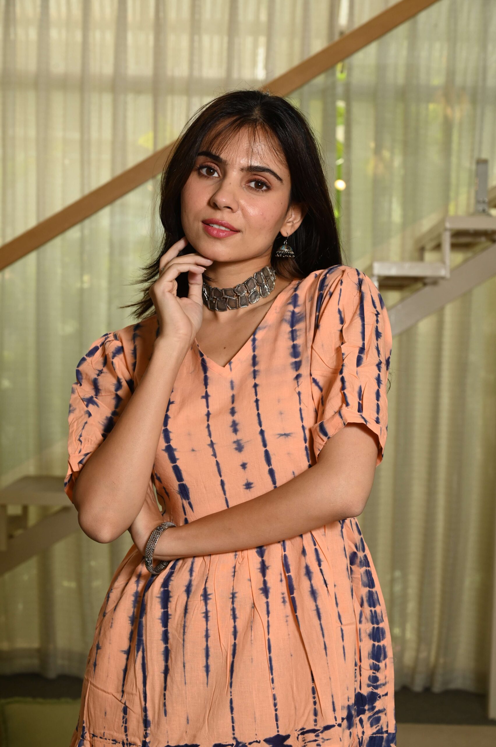 Peach Printed Cotton Anarkali Maxi Dress with Puff Sleeves Elegant Casual Wear