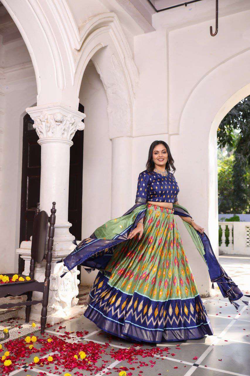 Olive Green Dola Silk Lehenga Choli with Blue Blouse | Patola Print & Foil Work | Wedding & Festive Wear
