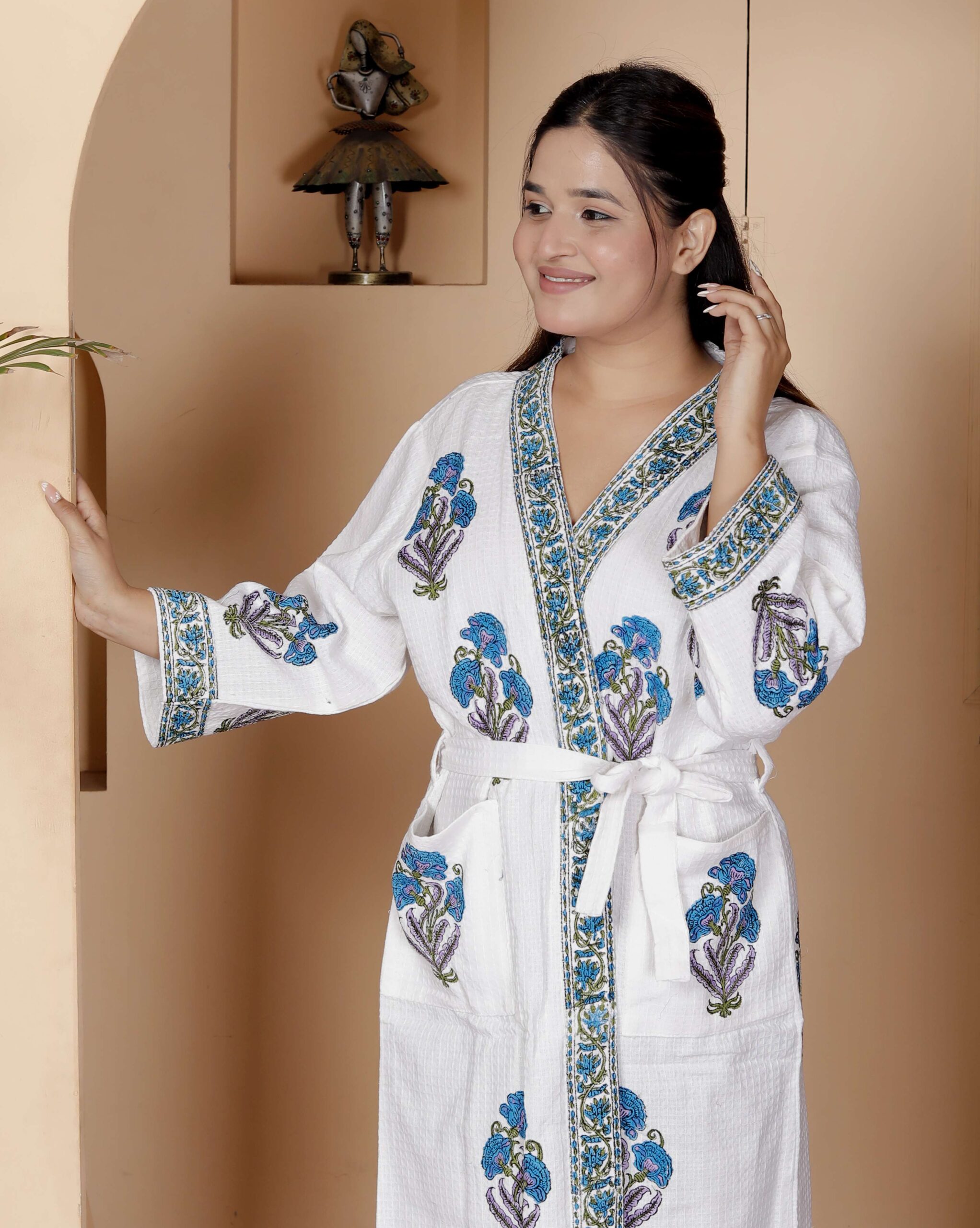Handcrafted Cotton Block Printed Long Robe | Comfortable Loungewear & Bathrobe for Women