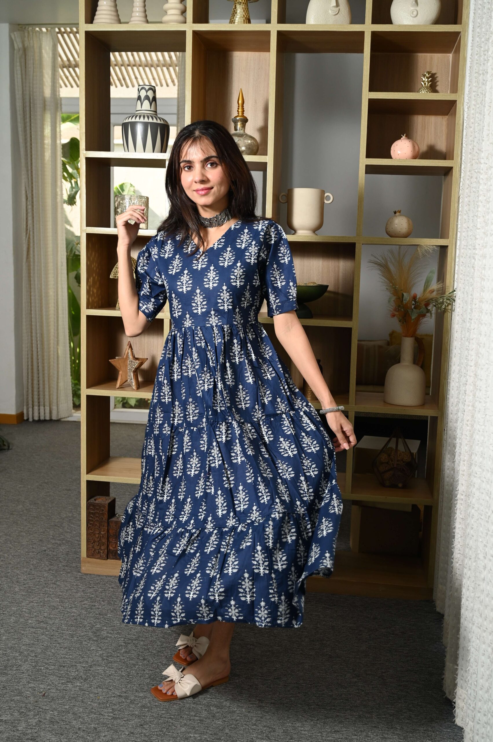 Navy-Blue Printed Cotton Anarkali Maxi Dress with Puff Sleeves Elegant Casual Wear