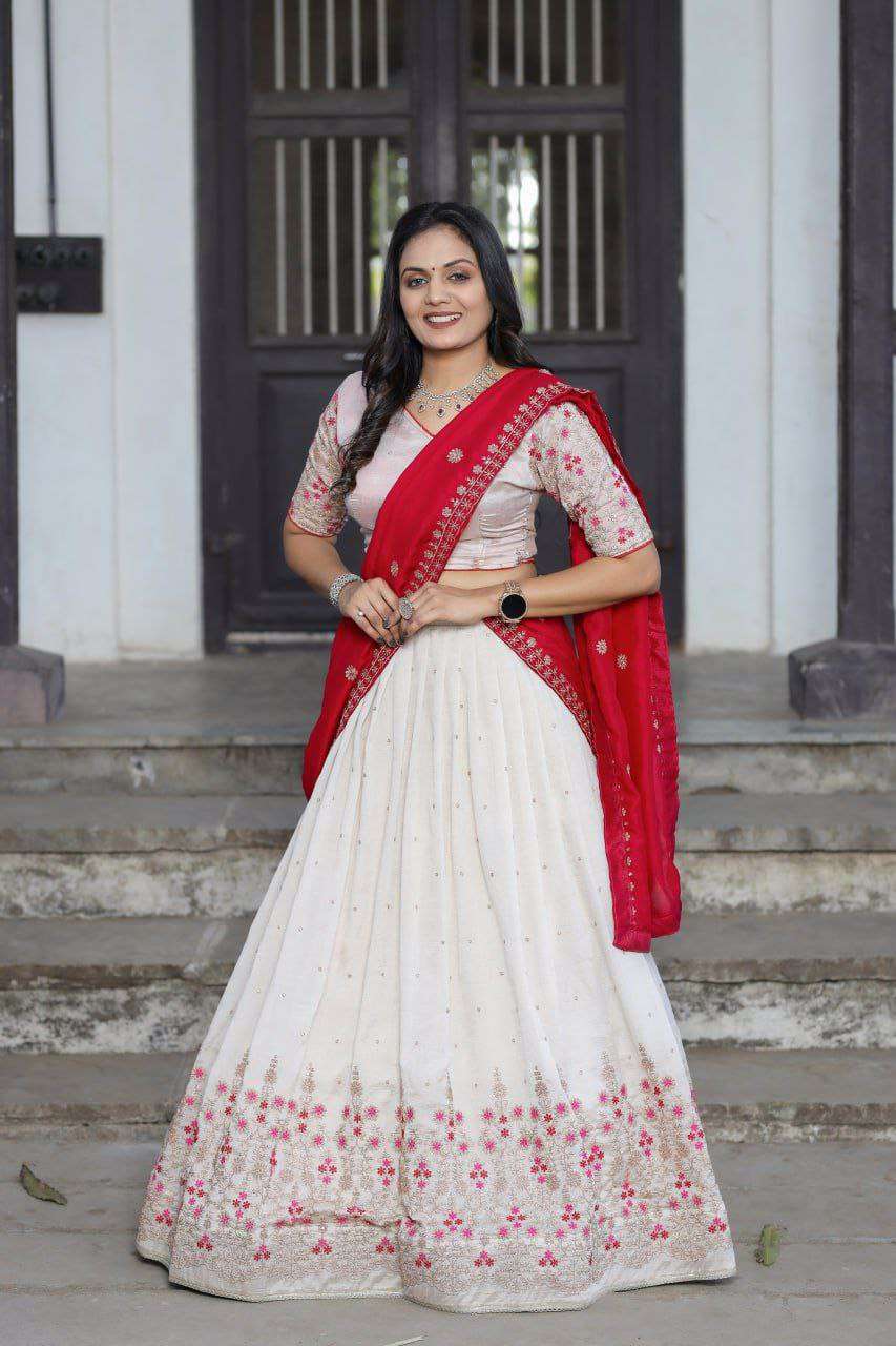 White Vichitra Silk Lehenga Choli with Red Blouse | Sequins & Thread Embroidery | Bridesmaid & Wedding Wear