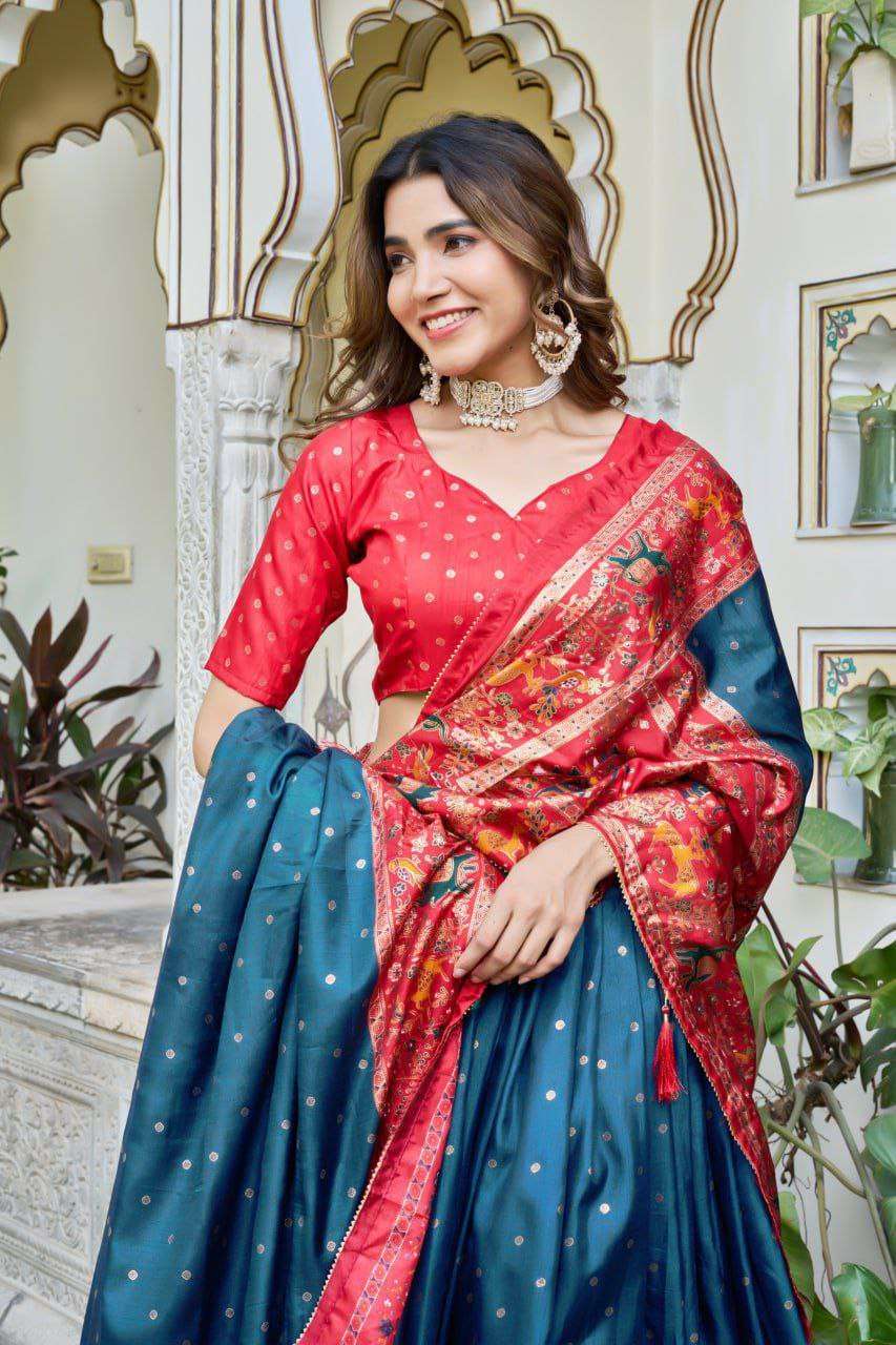 Teal Blue Dola Silk Lehenga Choli with Red Blouse | Bandhej & Ajarakh Print | Wedding & Festive Wear