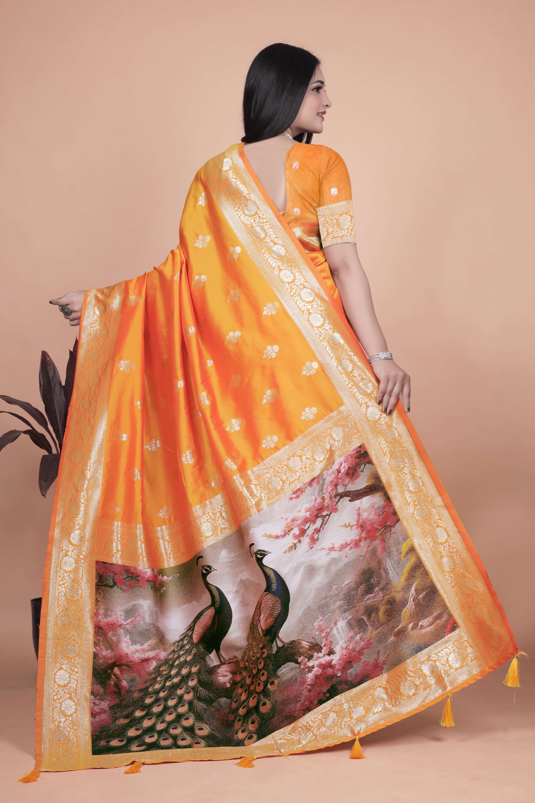 Radiant Orange Silk Saree with Golden Zari & Peacock Pallu | Festive, Wedding & Traditional Wear