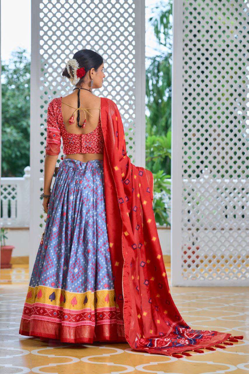 Sky Blue Tussar Silk Lehenga Choli with Red Blouse | Minakari & Foil Print | Wedding & Festive Wear