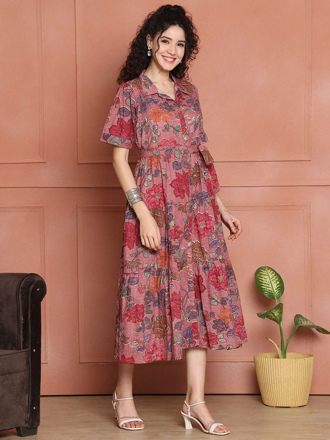 Women's Cotton Printed A-Line Midi Dress | Short Sleeve Flared Gown Dress (Pink)