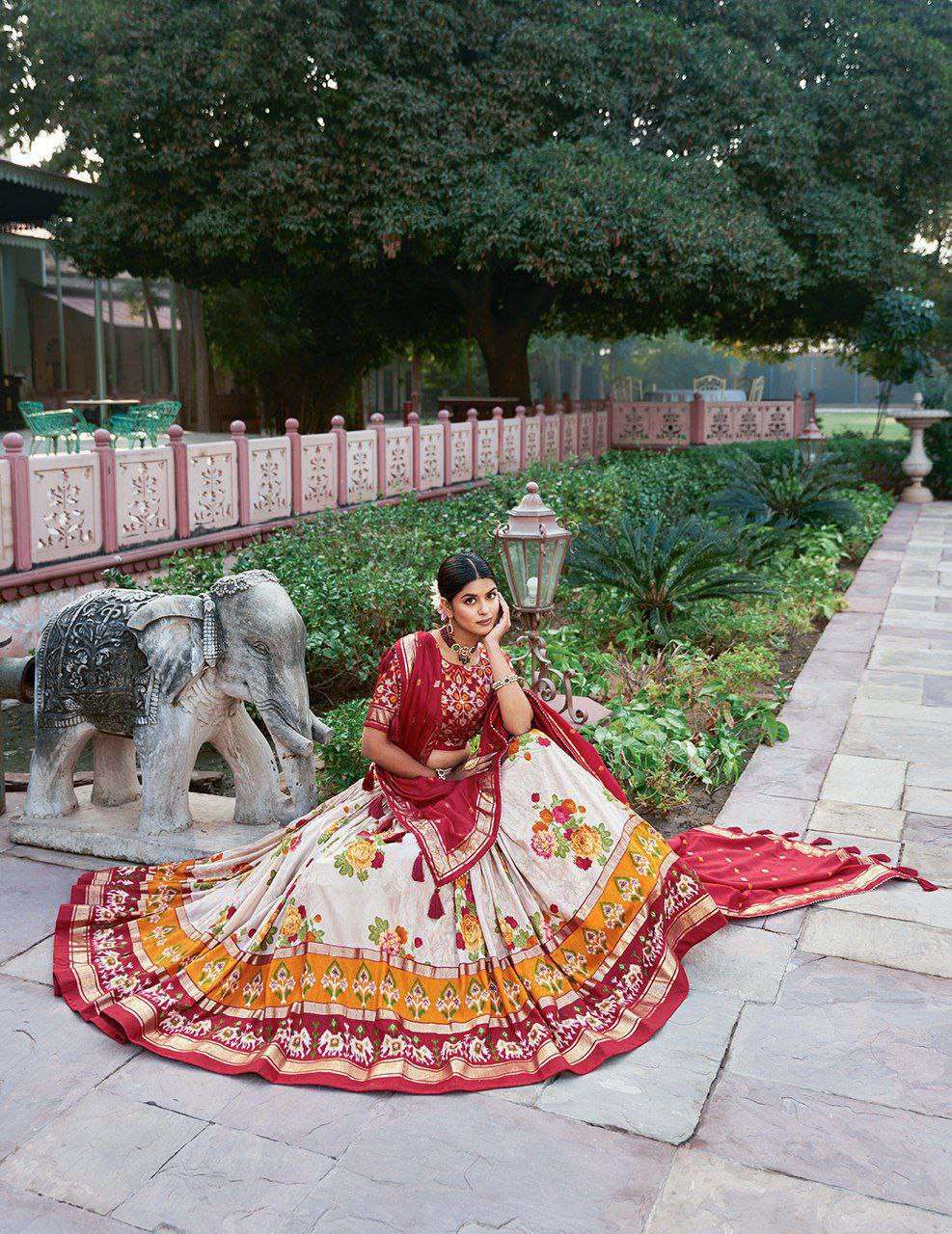 White Tussar Silk Lehenga Choli with Red Blouse | Patola Print & Foil Work | Wedding & Festive Wear