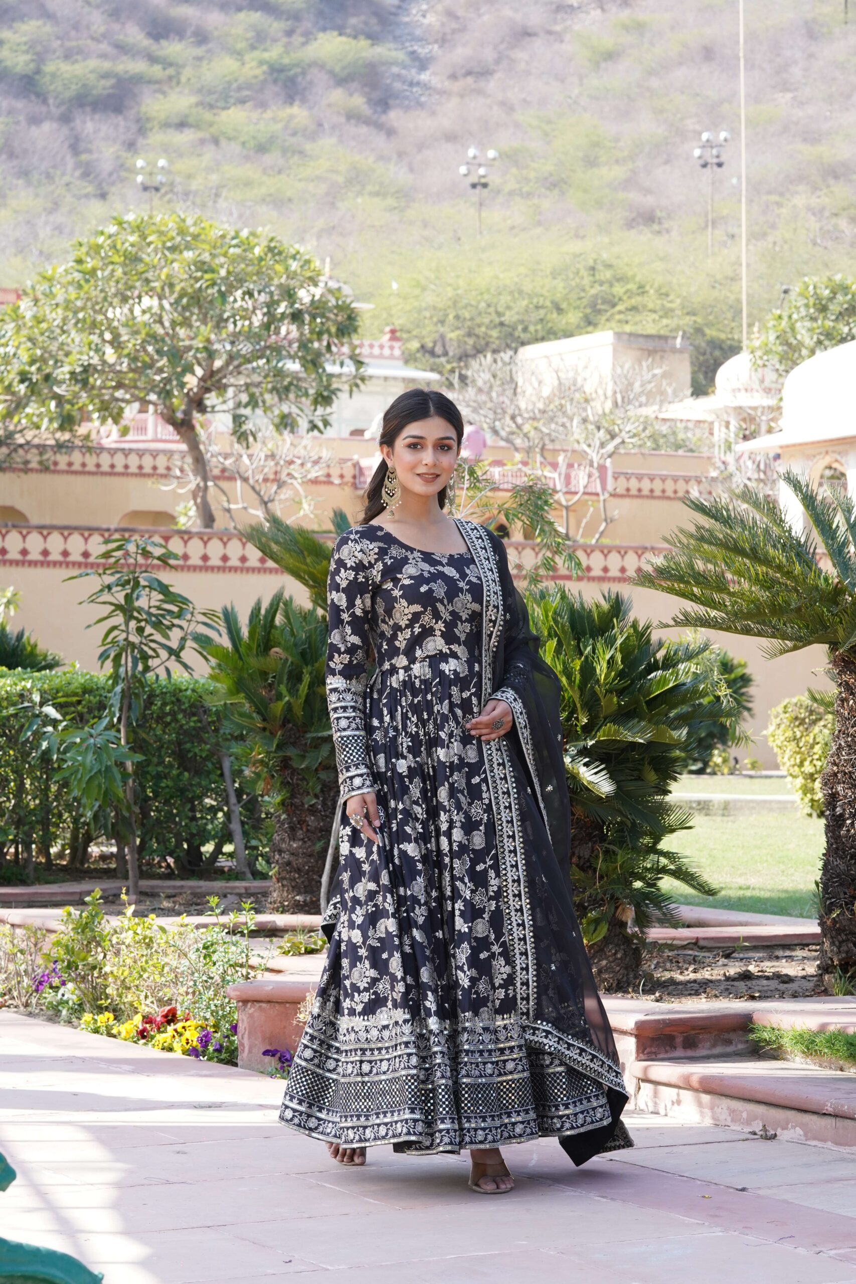 Black Viscose Dyable Jacquard Gown with Russian Silk Sequined Dupatta ? Elegant Party & Wedding Set