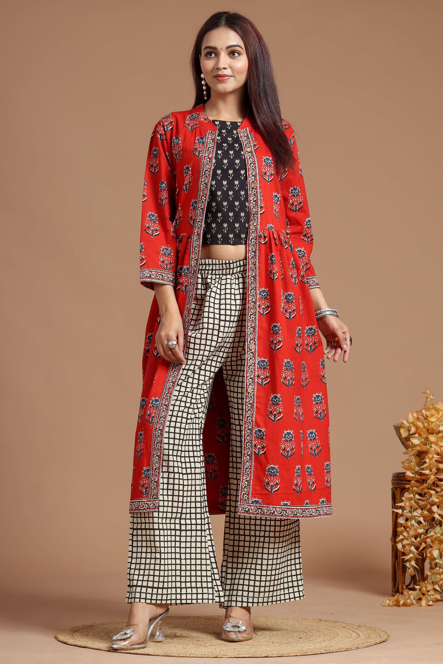 Women's Printed Long Shrug with Crop Top & Floral Pant Set