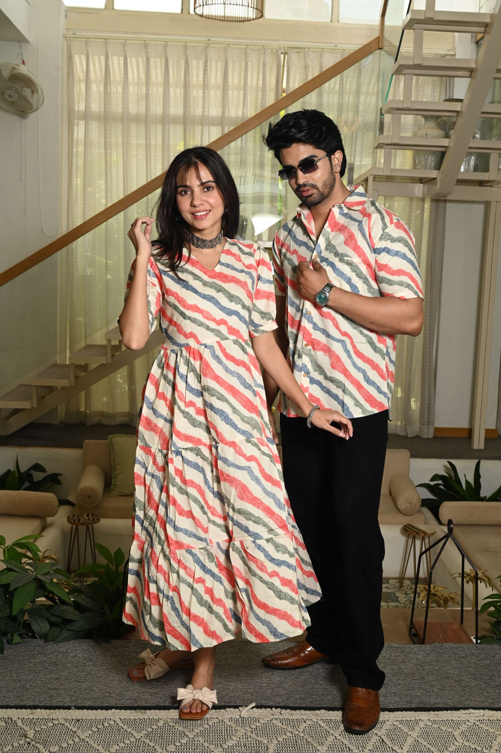 Couple Matching Cream Cotton Anarkali Midi Dress and Shirt Set ? Wavy Red & Blue Stripes