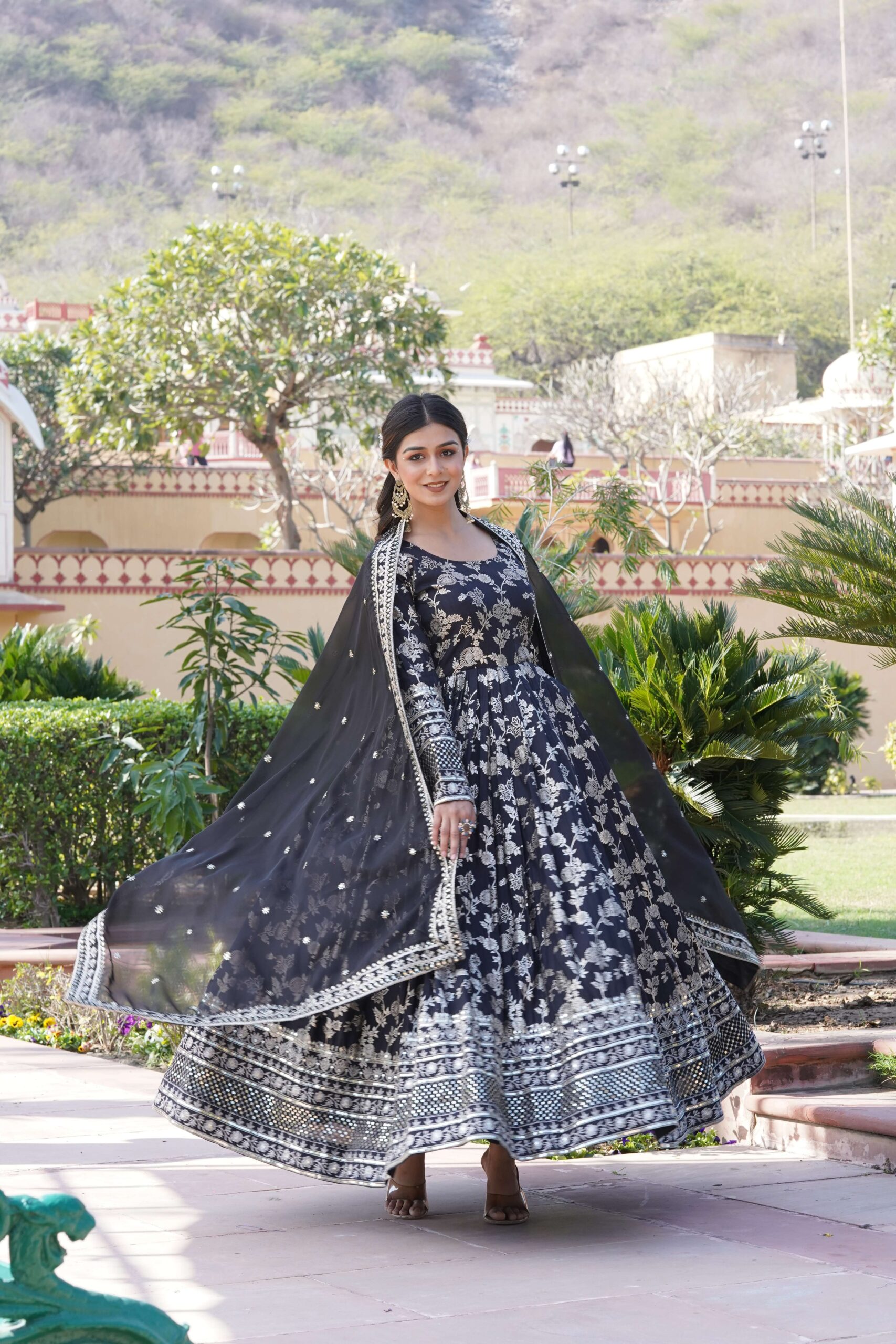 Black Viscose Dyable Jacquard Gown with Russian Silk Sequined Dupatta ? Elegant Party & Wedding Set