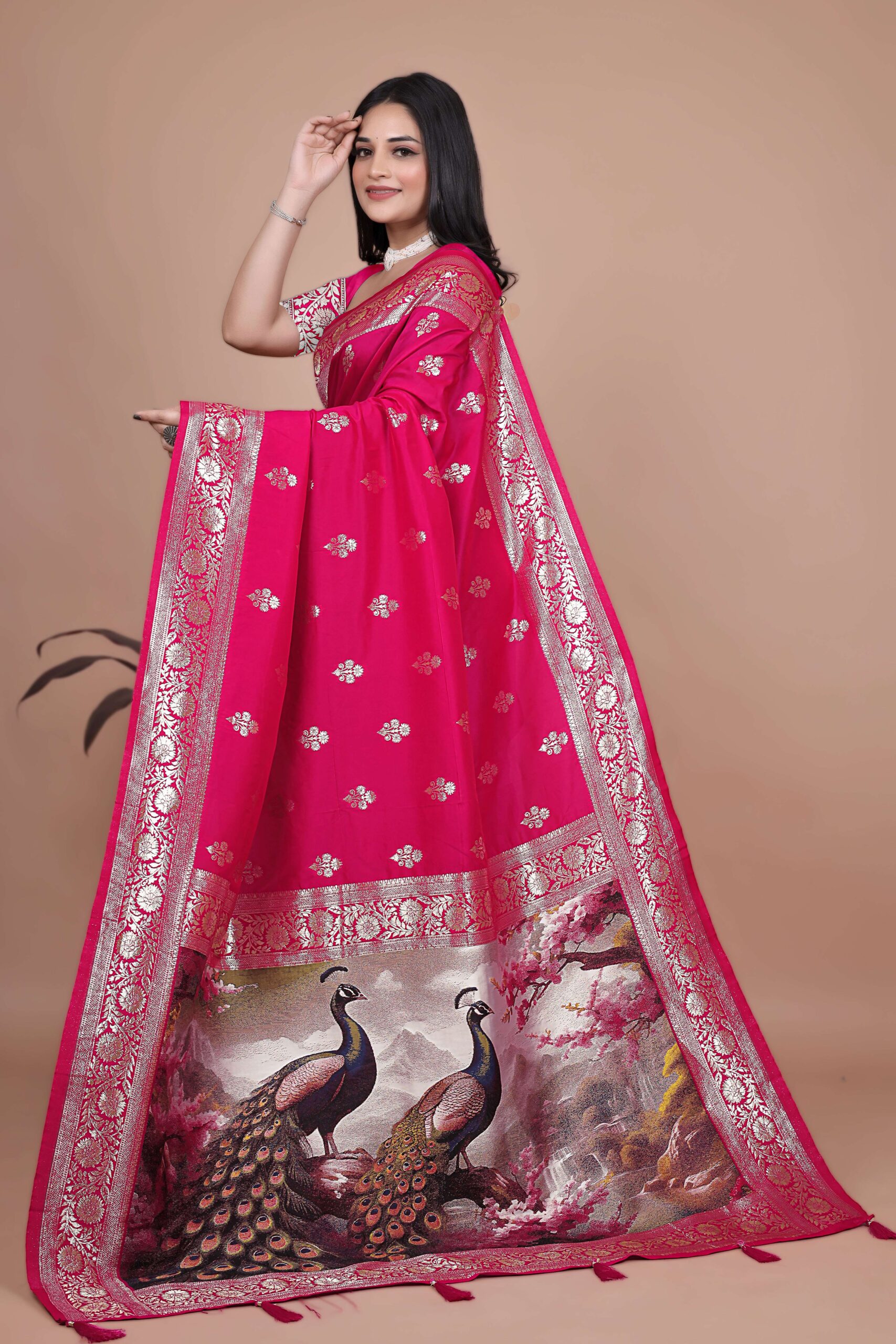 Majestic Magenta Silk Saree with Silver Zari & Twin Peacock Pallu | Wedding, Festive & Traditional Wear
