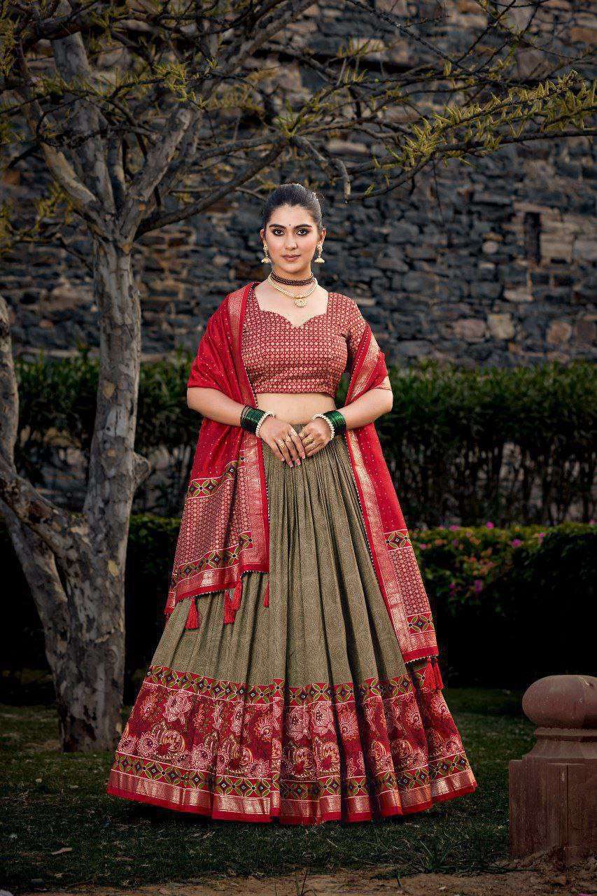 Green Tussar Silk Lehenga Choli with Red Blouse | Floral & Foil Print | Wedding & Festive Wear