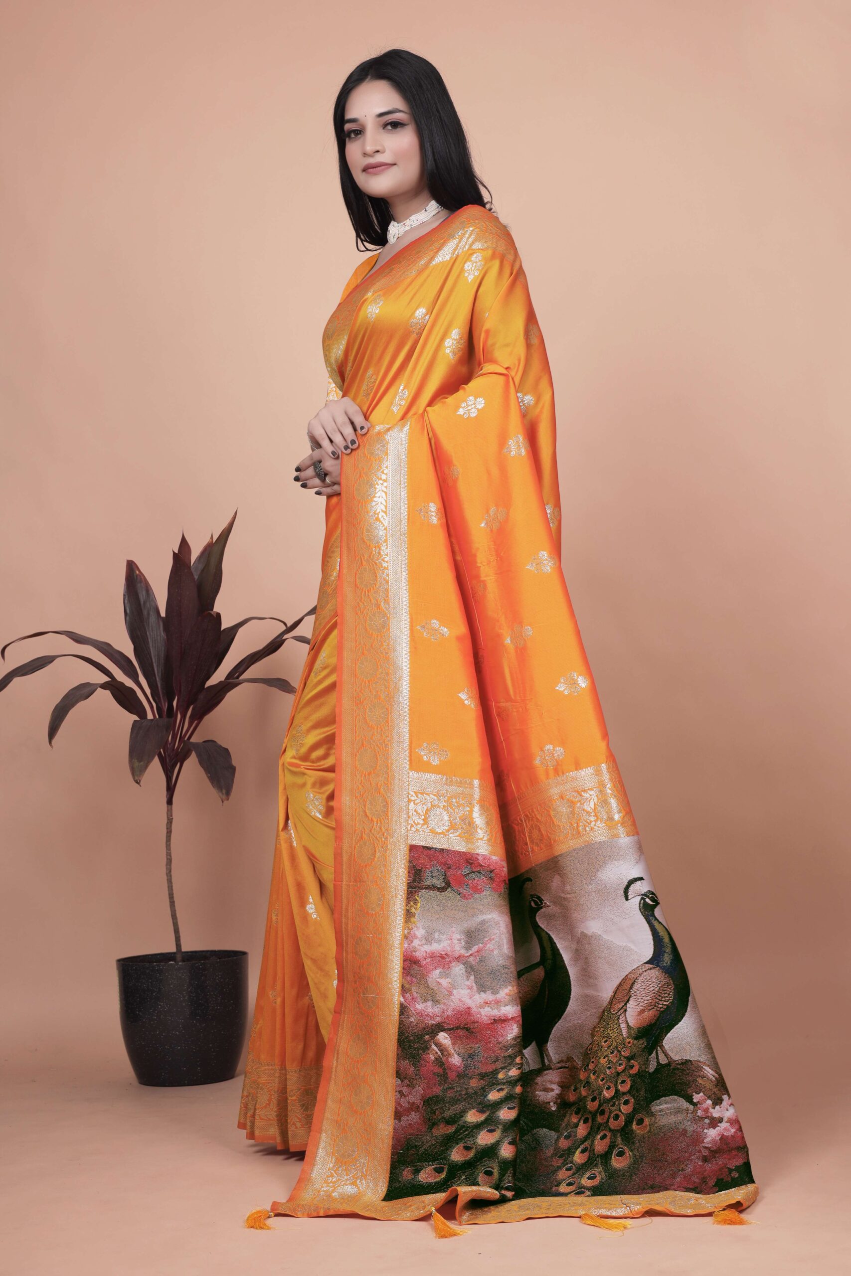 Radiant Orange Silk Saree with Golden Zari & Peacock Pallu | Festive, Wedding & Traditional Wear