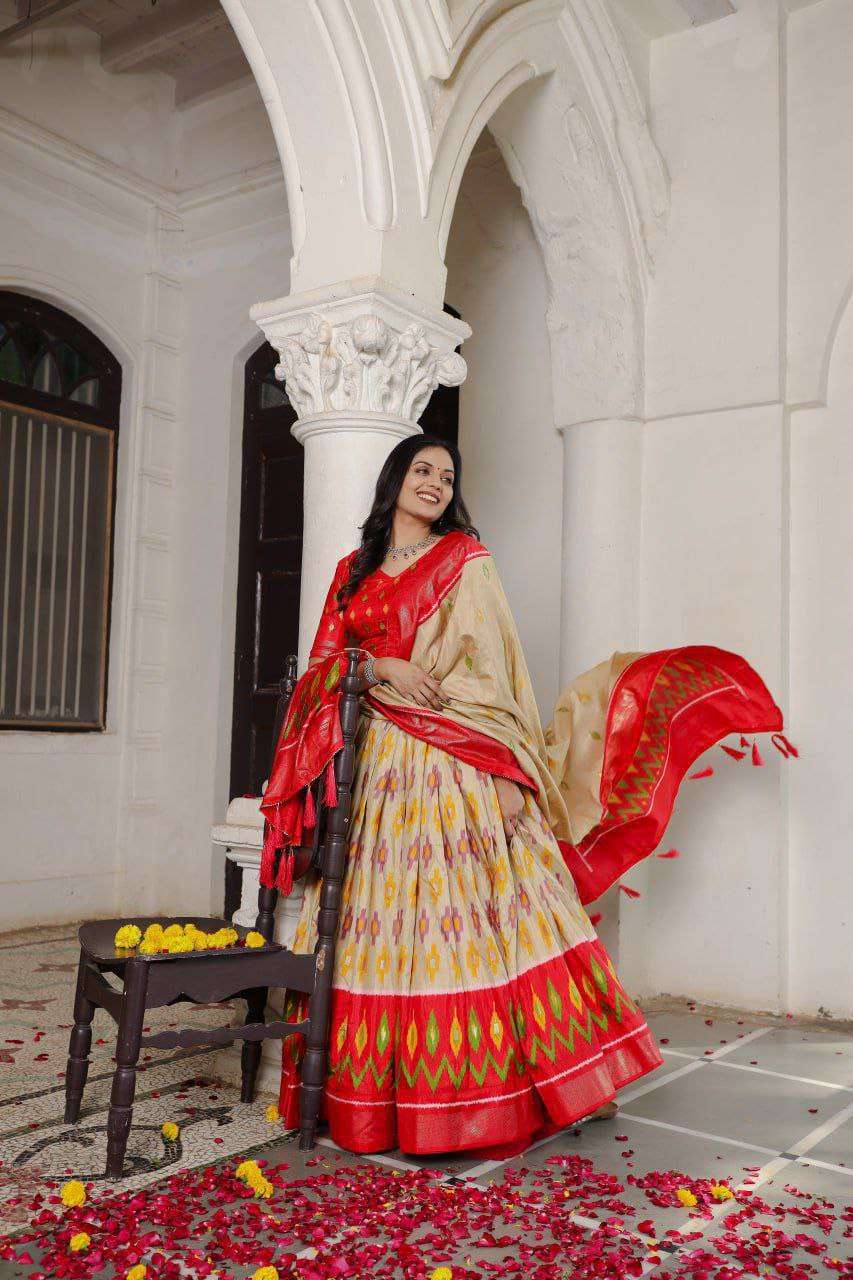 Scarlet Yellow Dola Silk Lehenga Choli with Red Blouse | Patola Print & Foil Work | Wedding & Festive Wear