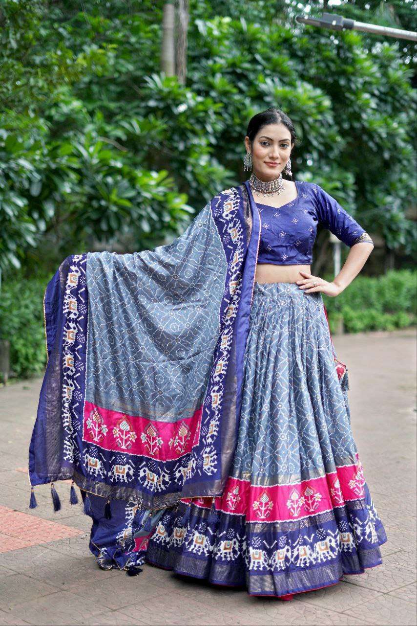 Blue Dola Silk Lehenga Choli with Light Blue Blouse | Bandhej & Ajarakh Print | Wedding & Festive Wear